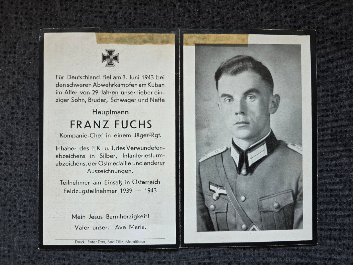 Sterbebild Hauptmann Winhöring 4. Jäger Regt. 204 KP-Chef Kuban Moldananskoje Russland - www.mmilitaria.com