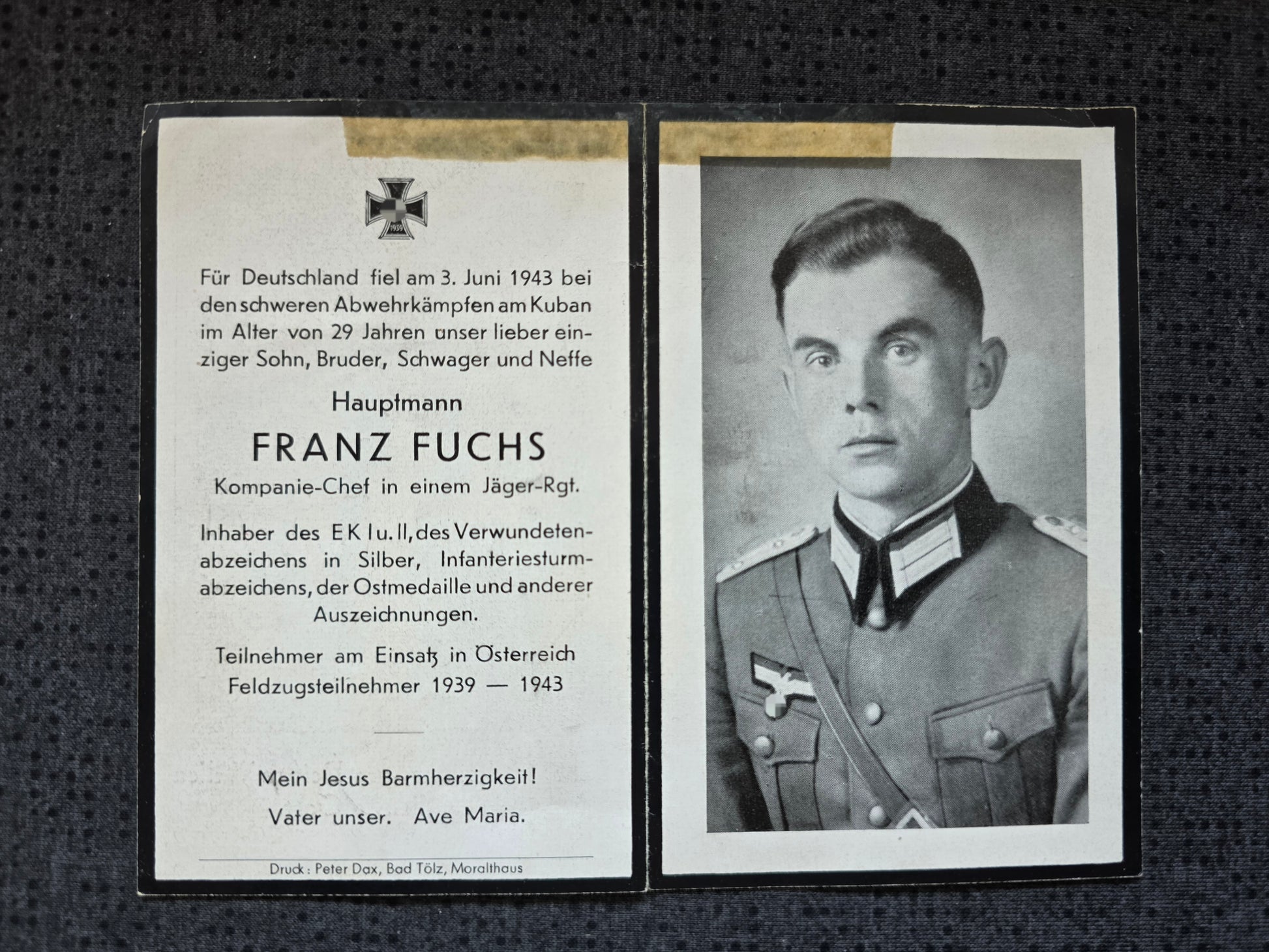 Sterbebild Hauptmann Winhöring 4. Jäger Regt. 204 KP-Chef Kuban Moldananskoje Russland - www.mmilitaria.com