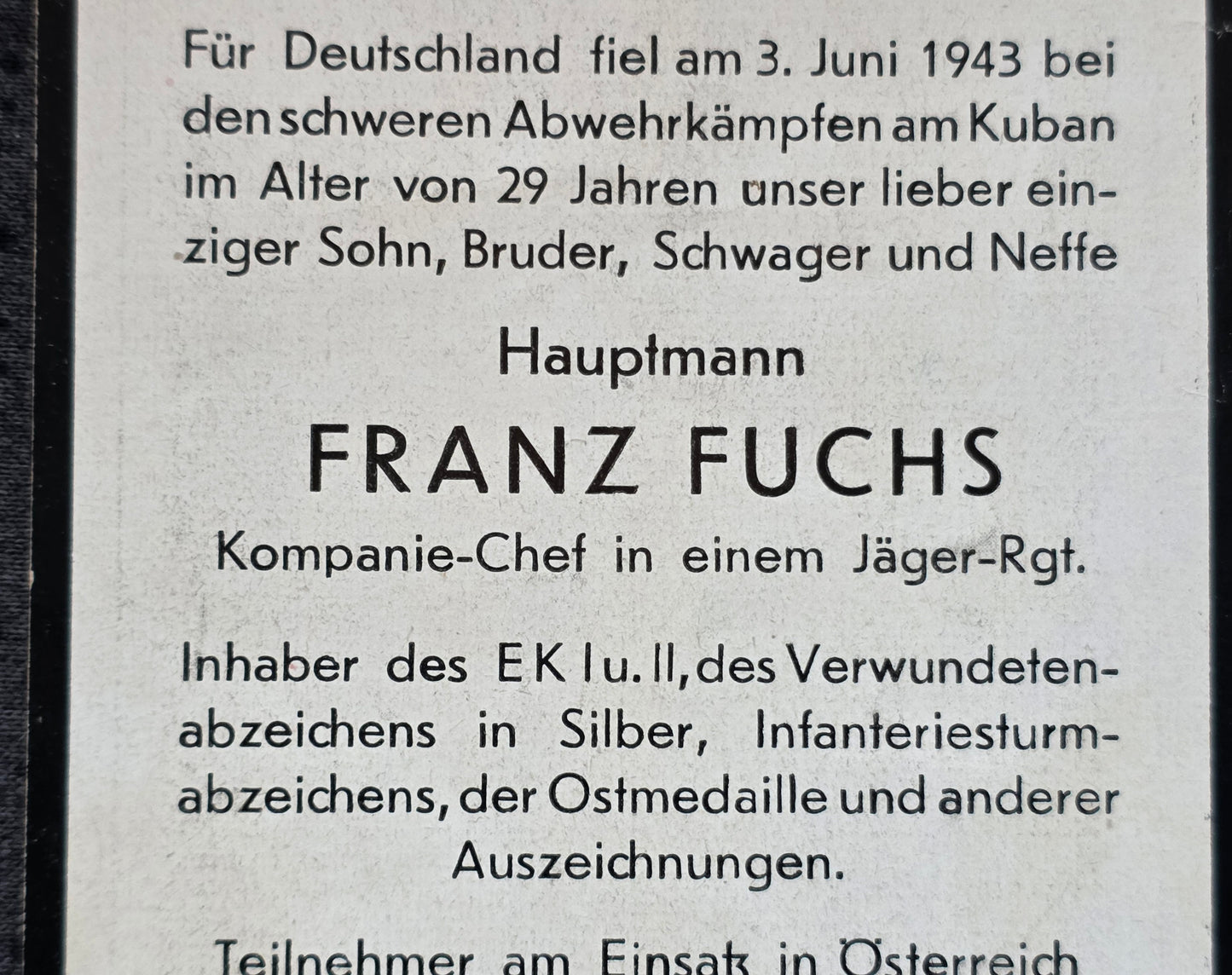 Sterbebild Hauptmann Winhöring 4. Jäger Regt. 204 KP-Chef Kuban Moldananskoje Russland - www.mmilitaria.com