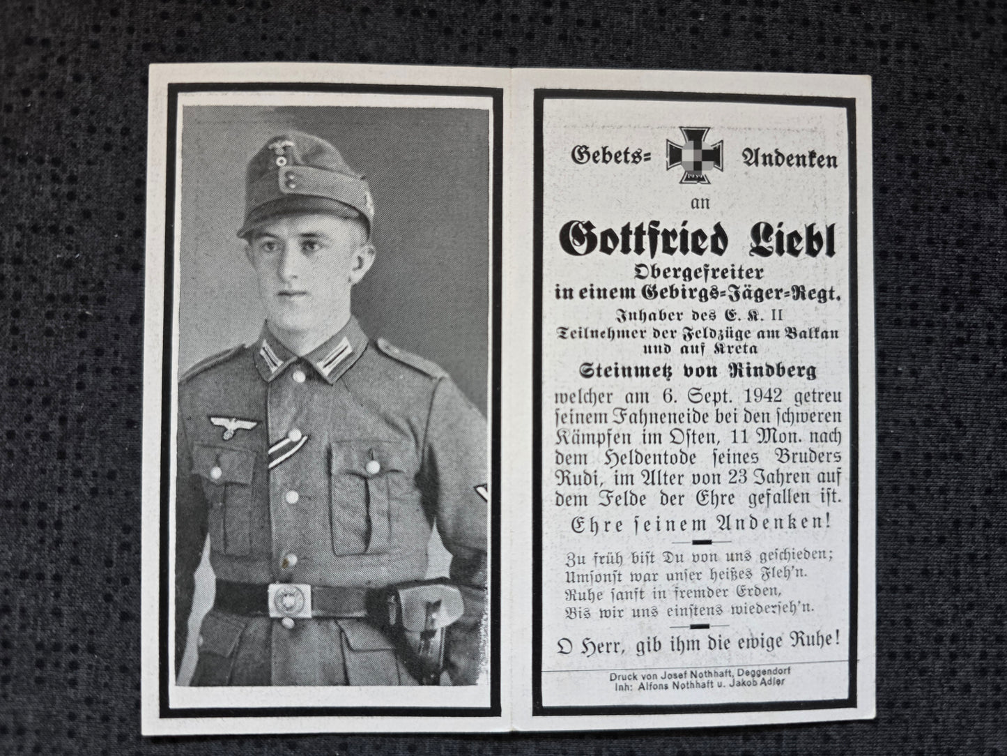 Sterbebild Obergefreiter Bremersbach 2. Komp. Gebirgsjäger Regt. 85 Sinjawino Russland - www.mmilitaria.com