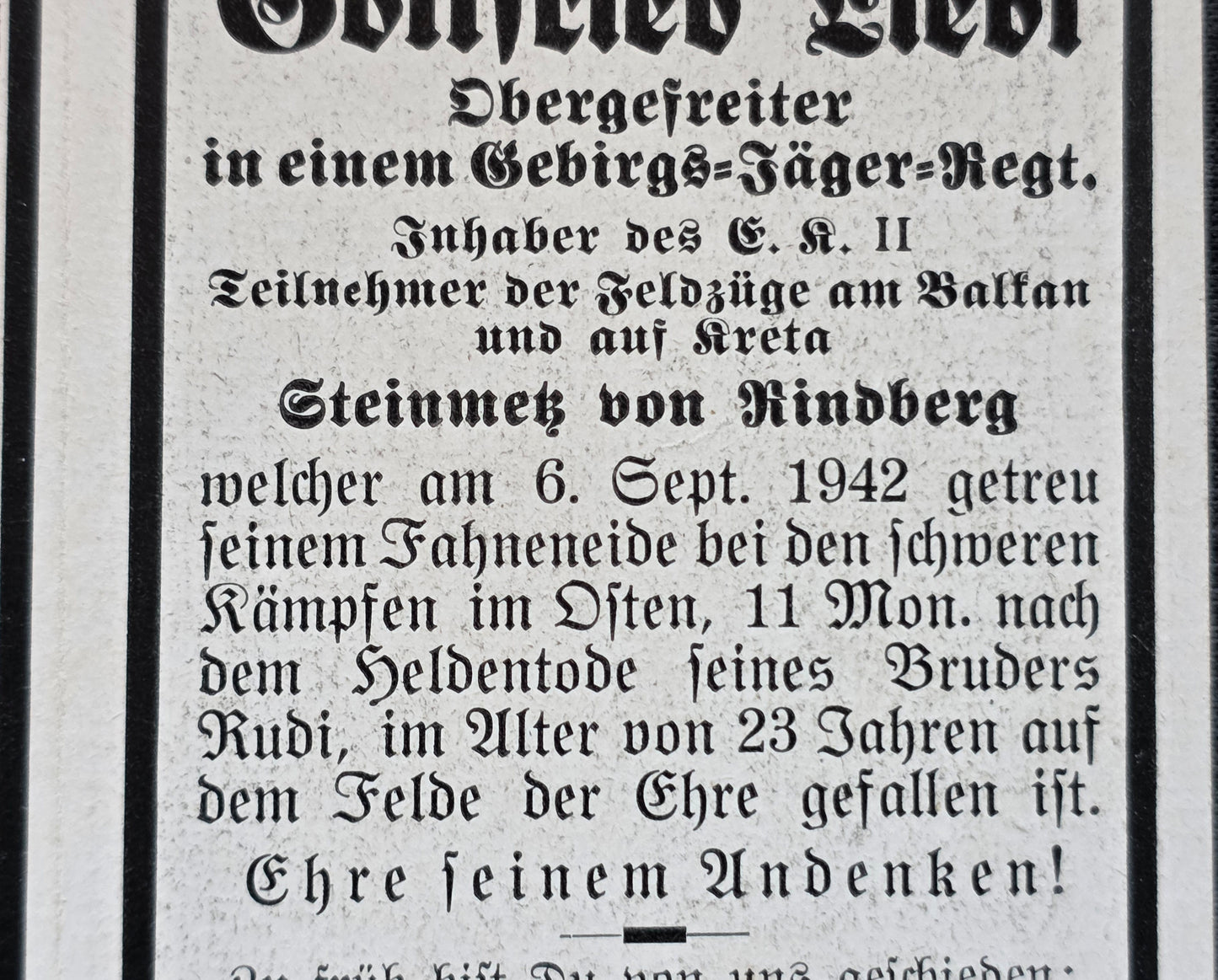 Sterbebild Obergefreiter Bremersbach 2. Komp. Gebirgsjäger Regt. 85 Sinjawino Russland - www.mmilitaria.com