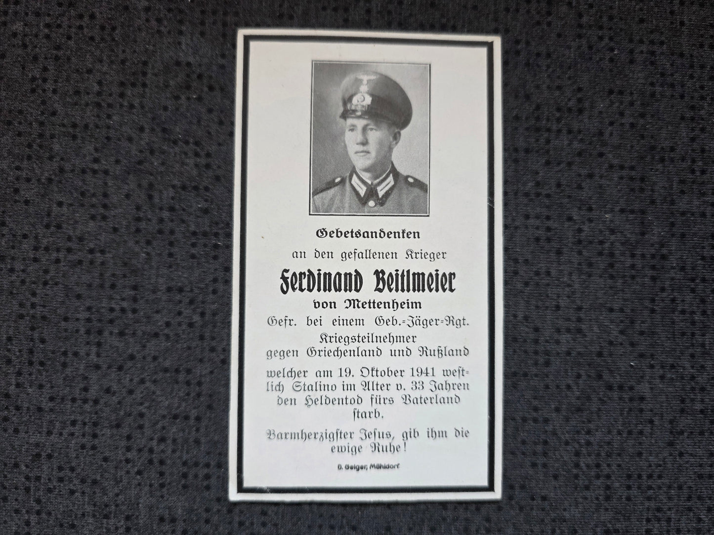 Sterbebild Gefreiter Linz 7. Gebirgsjäger Regt. 91 Marijewka Stalino Ukraine - www.mmilitaria.com
