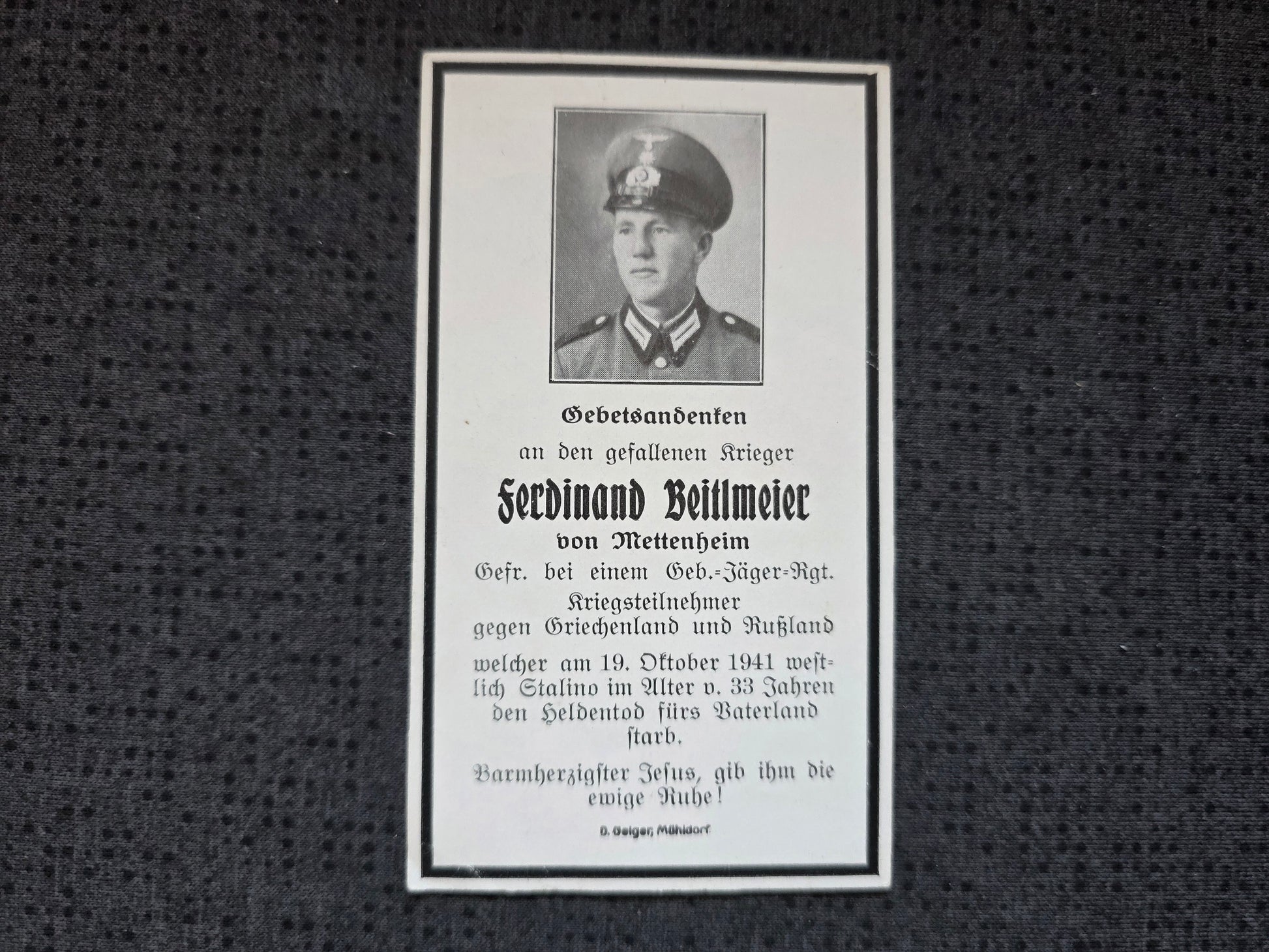 Sterbebild Gefreiter Linz 7. Gebirgsjäger Regt. 91 Marijewka Stalino Ukraine - www.mmilitaria.com