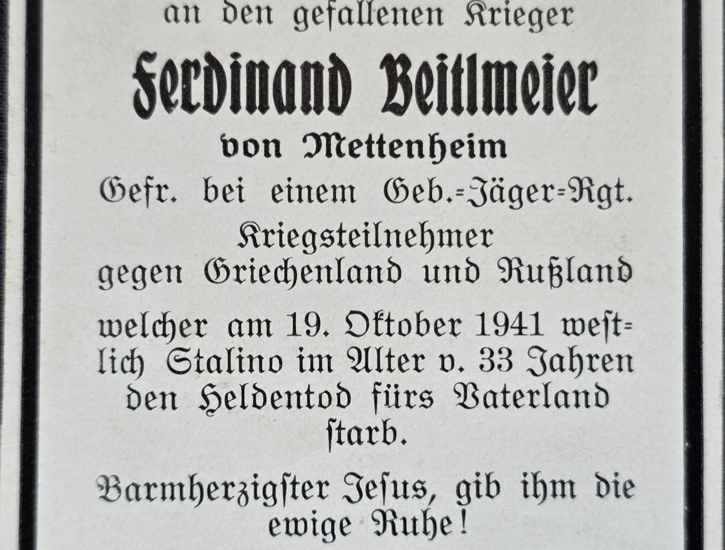 Sterbebild Gefreiter Linz 7. Gebirgsjäger Regt. 91 Marijewka Stalino Ukraine - www.mmilitaria.com