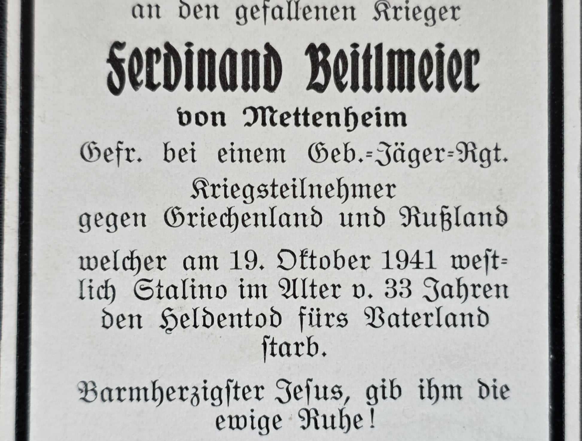 Sterbebild Gefreiter Linz 7. Gebirgsjäger Regt. 91 Marijewka Stalino Ukraine - www.mmilitaria.com