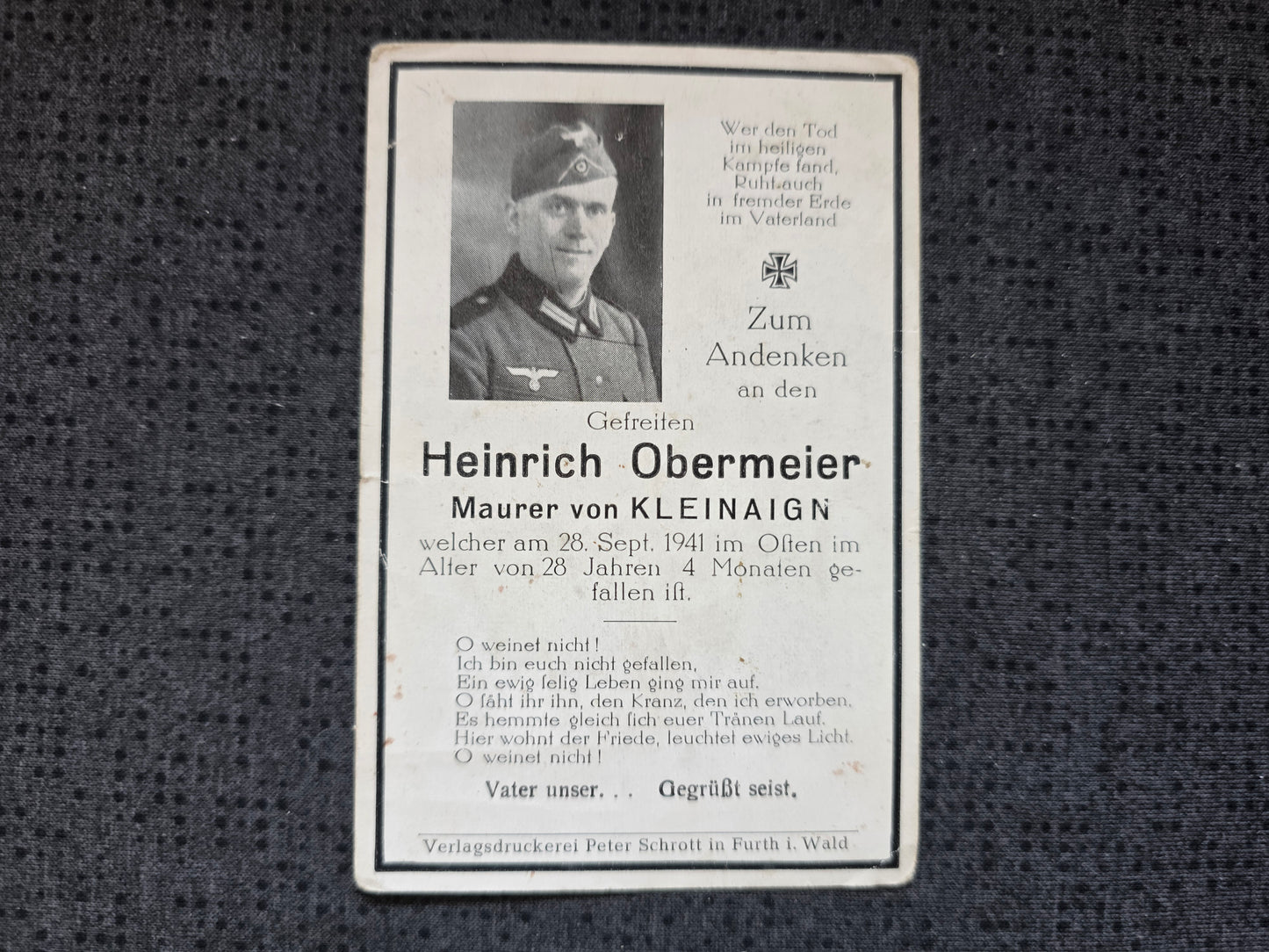 Sterbebild Gefreiter Kleinaign 2. Komp. Panzer-Jäger Abt. 173 Landenge Perekop Ukraine - www.mmilitaria.com