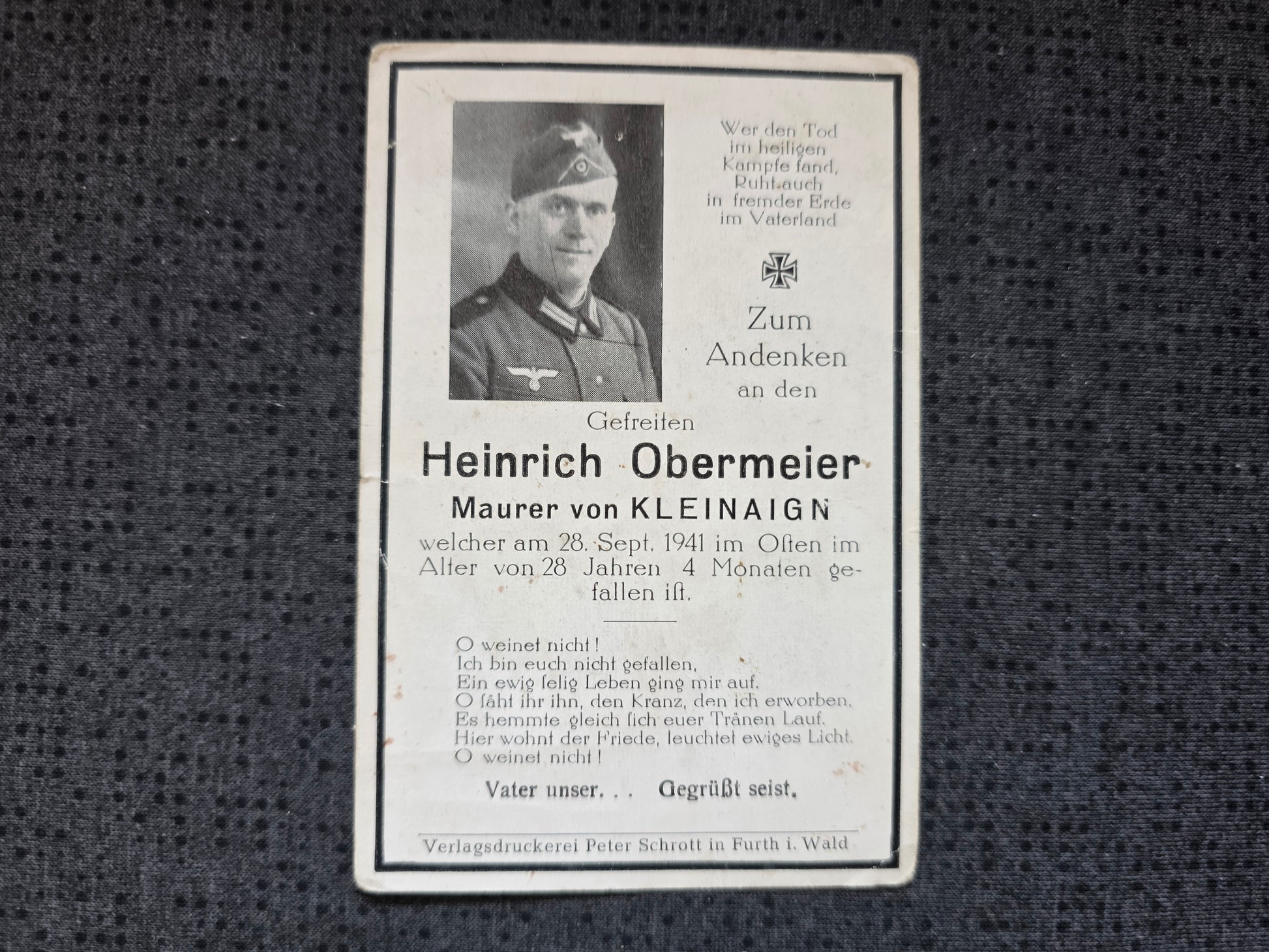 Sterbebild Gefreiter Kleinaign 2. Komp. Panzer-Jäger Abt. 173 Landenge Perekop Ukraine - www.mmilitaria.com