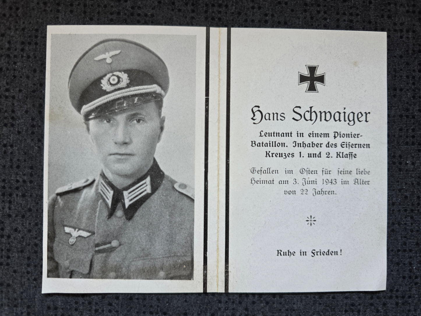 Sterbebild Leutnant Laufen 1. Komp. Pionier Btl. 212 Mga Russland - www.mmilitaria.com