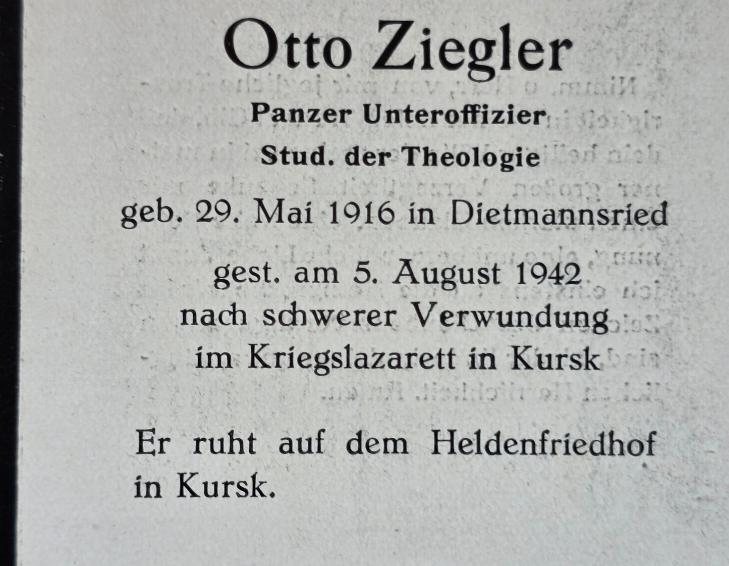 Sterbebild Unteroffizier Dietmannsried Panzer Regt. Krgslaz. 2/509 Kursk Russland - www.mmilitaria.com