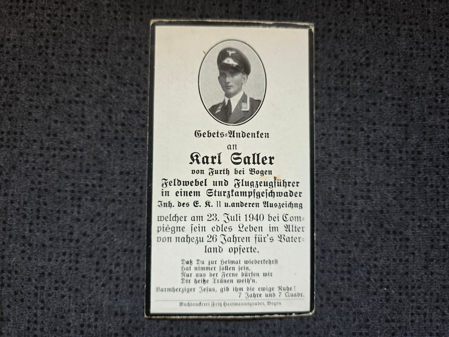 Sterbebild Feldwebel Fürth Pilot Stukageschwader StG Compiègne Beauvais Frankreich - www.mmilitaria.com