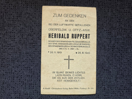 Sterbebild Oberfeldwebel Weilerbach 8./KG-4 "General Wever" Spanienkreuz Cruz De Guerre Amsterdam Holland - www.mmilitaria.com