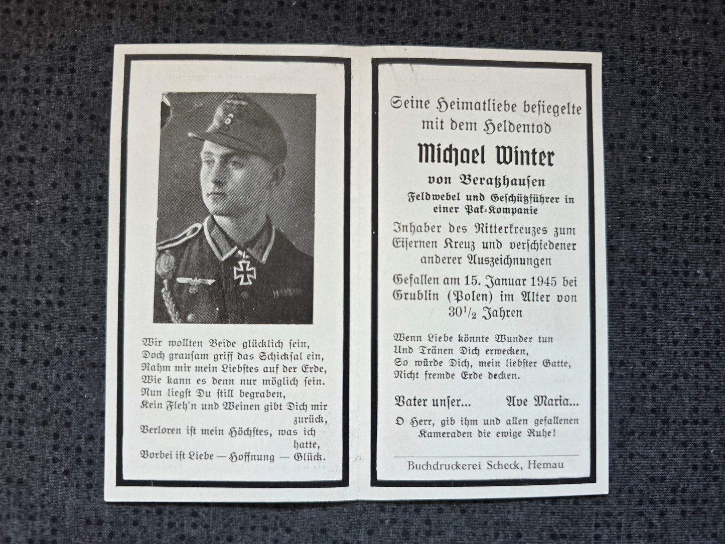 Sterbebild Feldwebel Beratzhausen PAK-Geschützführer Ritterkreuz Grublin Warszawa Polen - www.mmilitaria.com