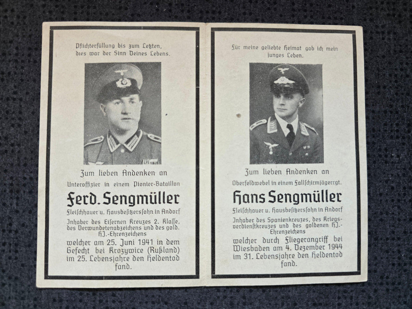 Sterbebild Brüder Andorf Unteroffizier Pionier Btl. HJ Ehrenabzeichen Krzywice Oberfeldwebel Fallschirmjäger Regt. Spanienkreuz Wiesbaden - www.mmilitaria.com