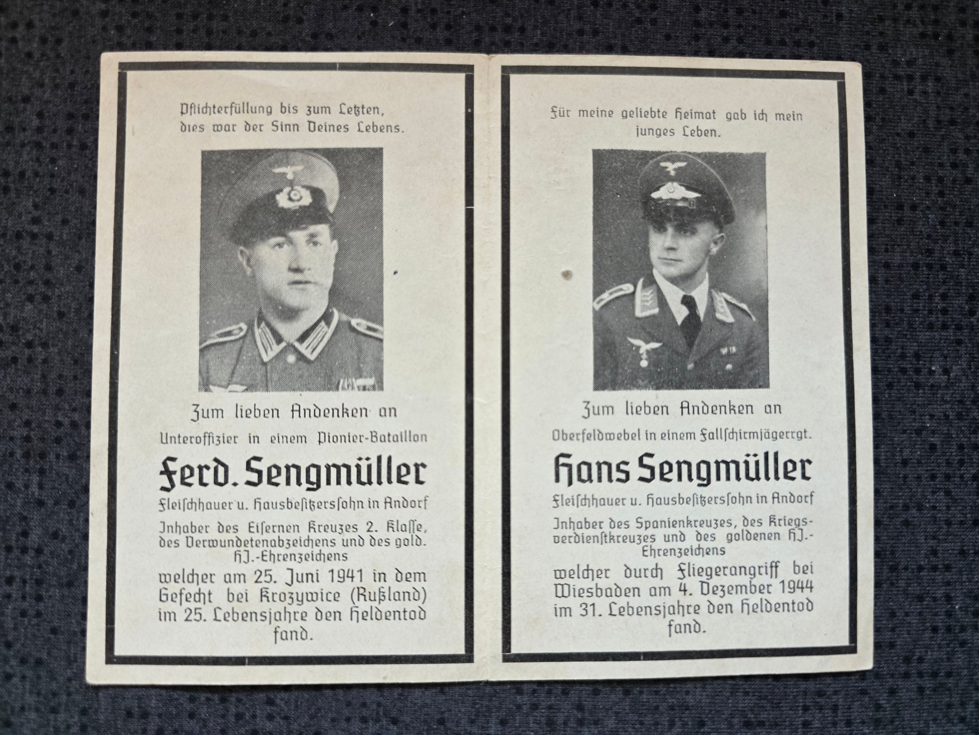 Sterbebild Brüder Andorf Unteroffizier Pionier Btl. HJ Ehrenabzeichen Krzywice Oberfeldwebel Fallschirmjäger Regt. Spanienkreuz Wiesbaden - www.mmilitaria.com