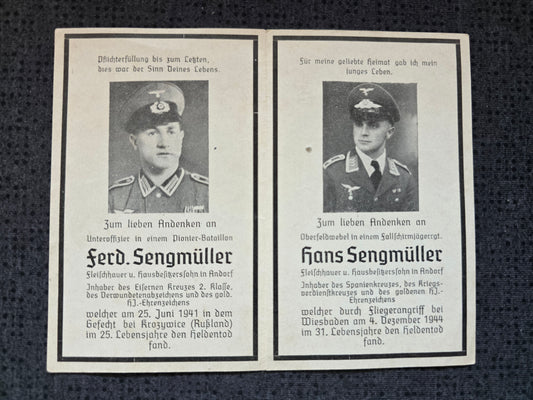 Sterbebild Brüder Andorf Unteroffizier Pionier Btl. HJ Ehrenabzeichen Krzywice Oberfeldwebel Fallschirmjäger Regt. Spanienkreuz Wiesbaden - www.mmilitaria.com