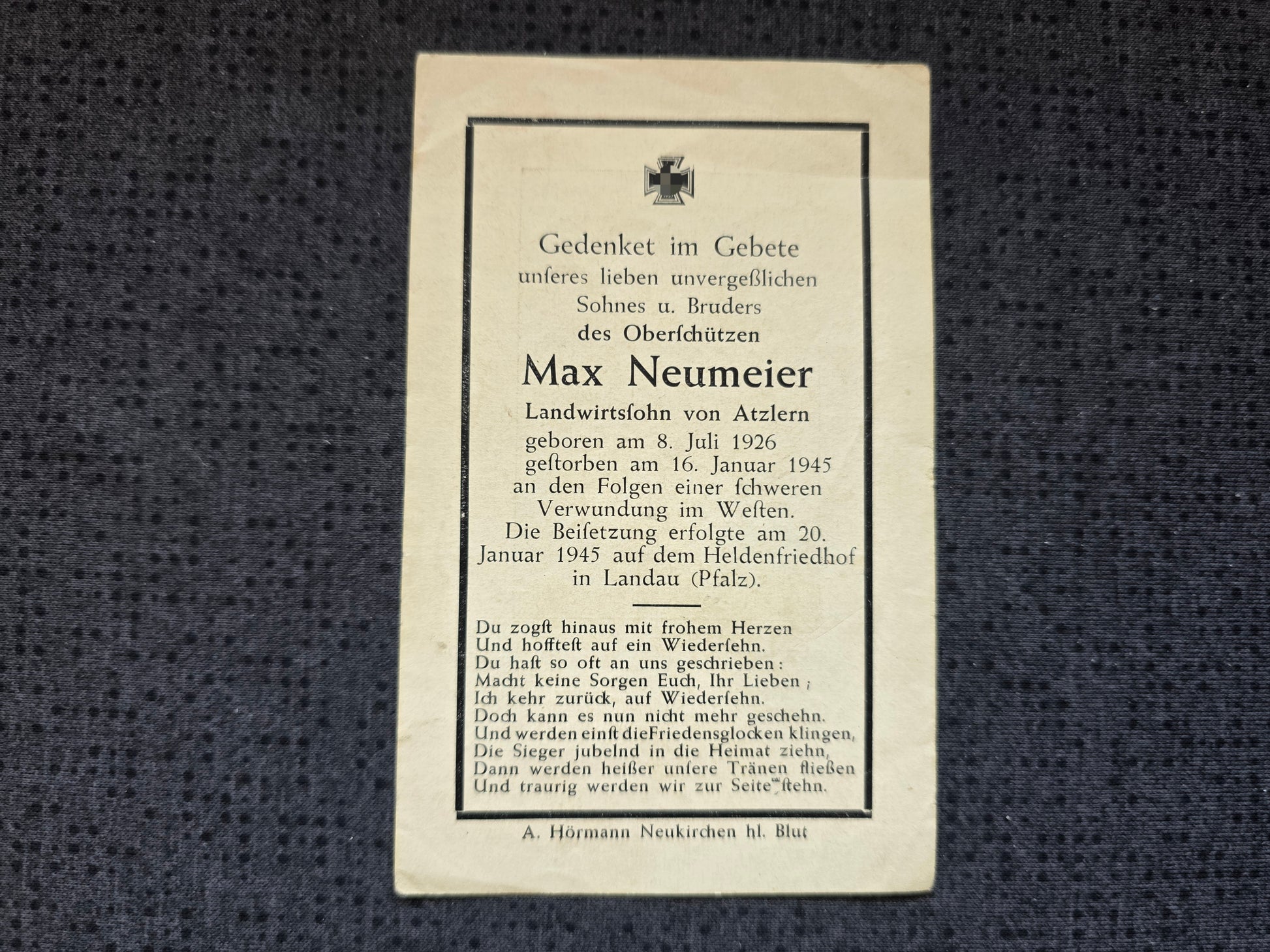 Sterbebild Oberschütze Atzlern Panzer Regiment Westfront 45 Landau Pfalz - www.mmilitaria.com