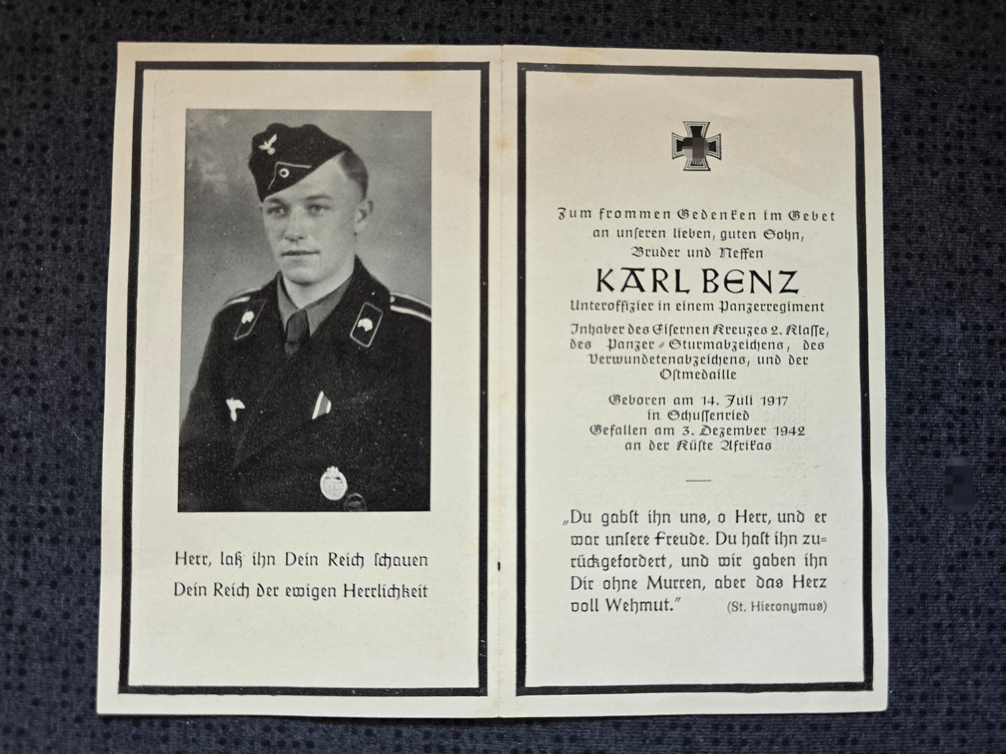 Sterbebild Unteroffizier Schussenried 5. Komp. Panzer Regt. 7 DAK Bizerta Tunesien Afrika - www.mmilitaria.com