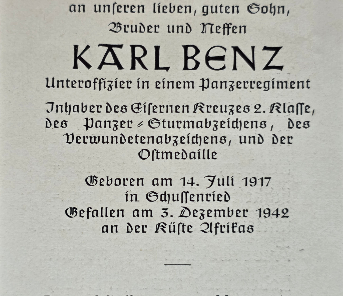 Sterbebild Unteroffizier Schussenried 5. Komp. Panzer Regt. 7 DAK Bizerta Tunesien Afrika - www.mmilitaria.com