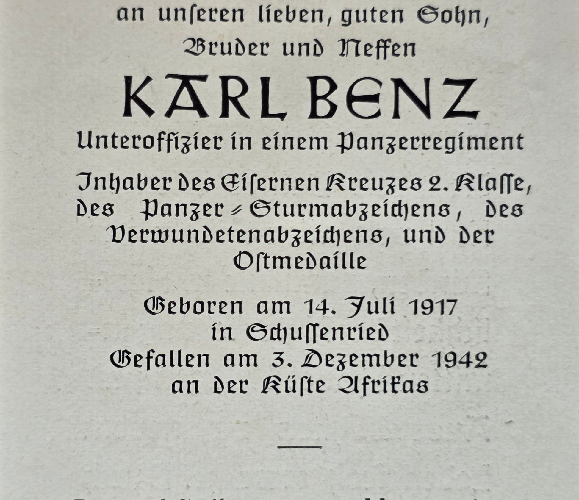 Sterbebild Unteroffizier Schussenried 5. Komp. Panzer Regt. 7 DAK Bizerta Tunesien Afrika - www.mmilitaria.com