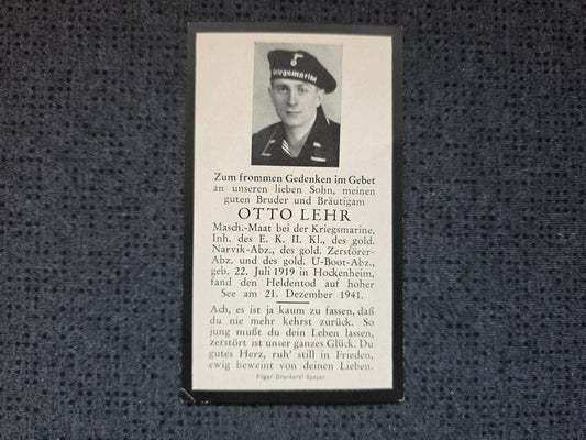 Sterbebild MaschMt Hockenheim 7. U-Flottille U 567+ Narvik Abz. Gold Azoren Atlantik - www.mmilitaria.com