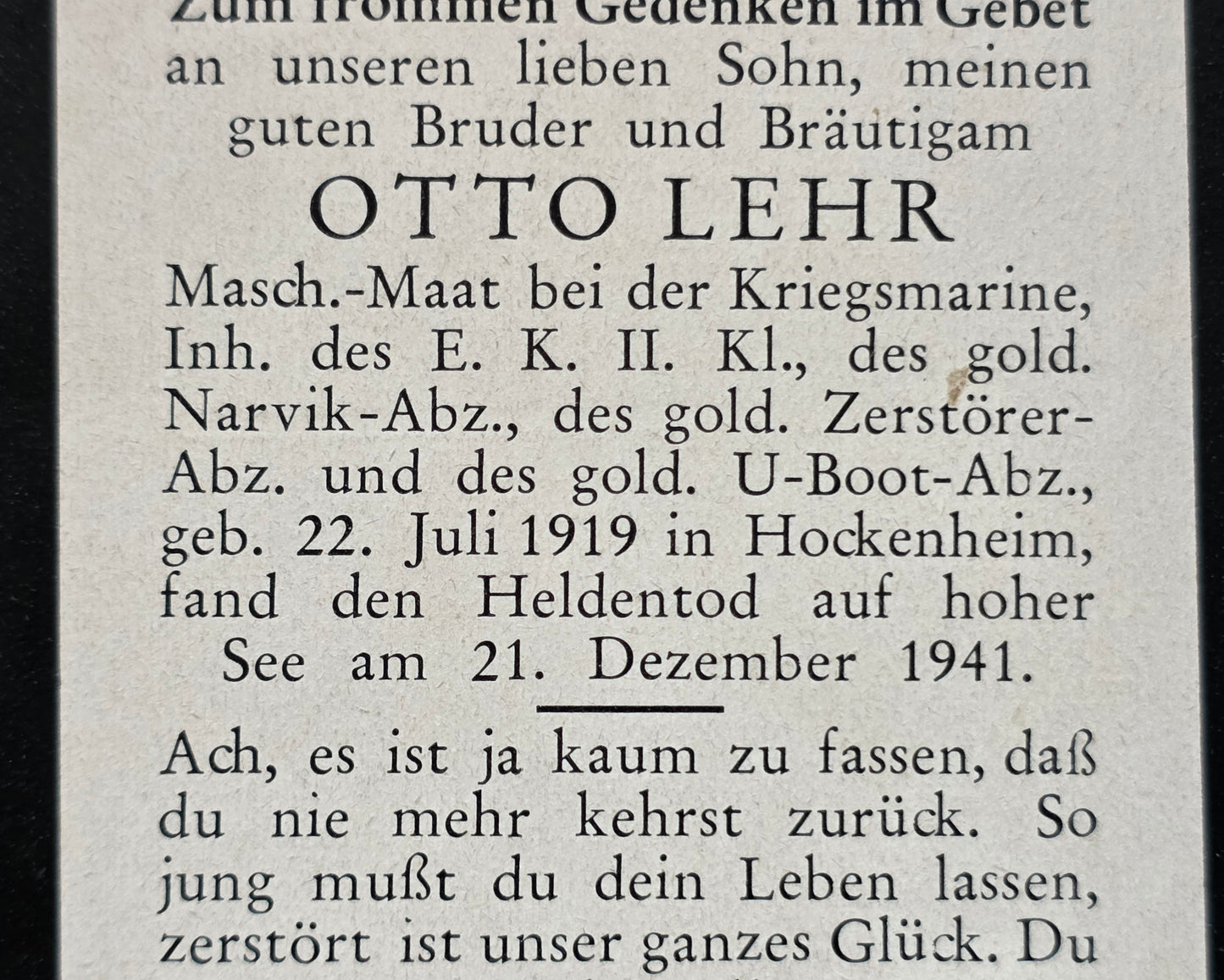 Sterbebild MaschMt Hockenheim 7. U-Flottille U 567+ Narvik Abz. Gold Azoren Atlantik - www.mmilitaria.com