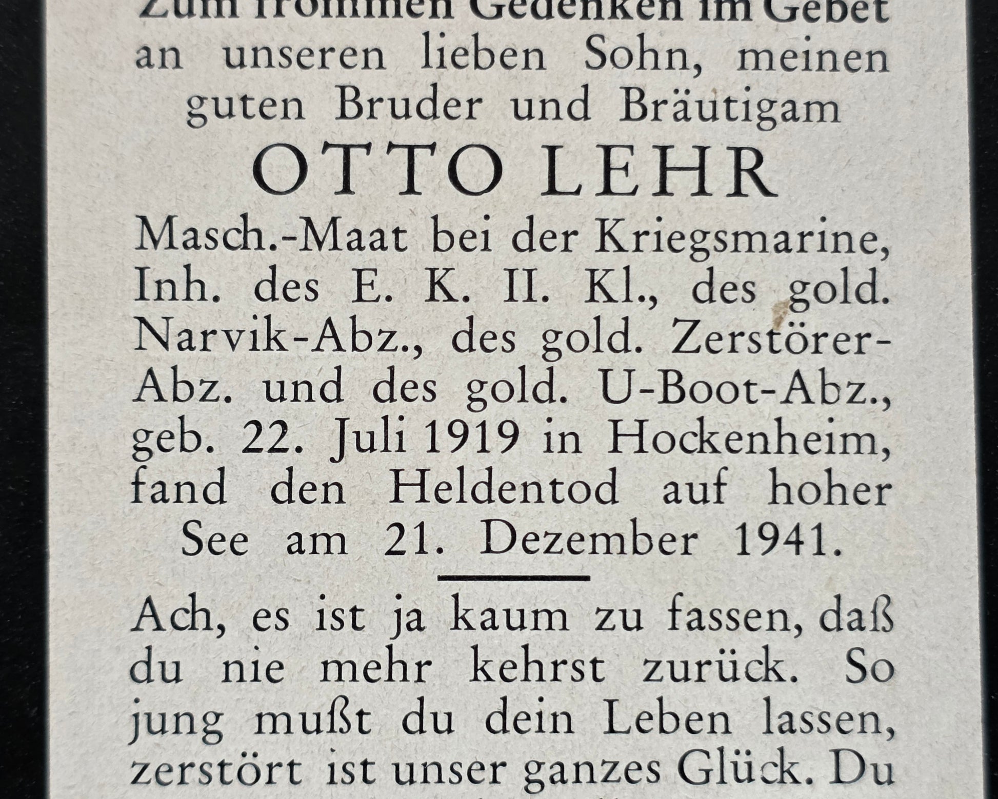 Sterbebild MaschMt Hockenheim 7. U-Flottille U 567+ Narvik Abz. Gold Azoren Atlantik - www.mmilitaria.com