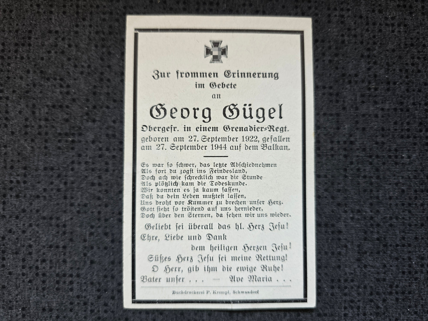 Sterbebild Obergefreiter Schwandorf Grenadier Regt. Strumica Nordmazedonien - www.mmilitaria.com