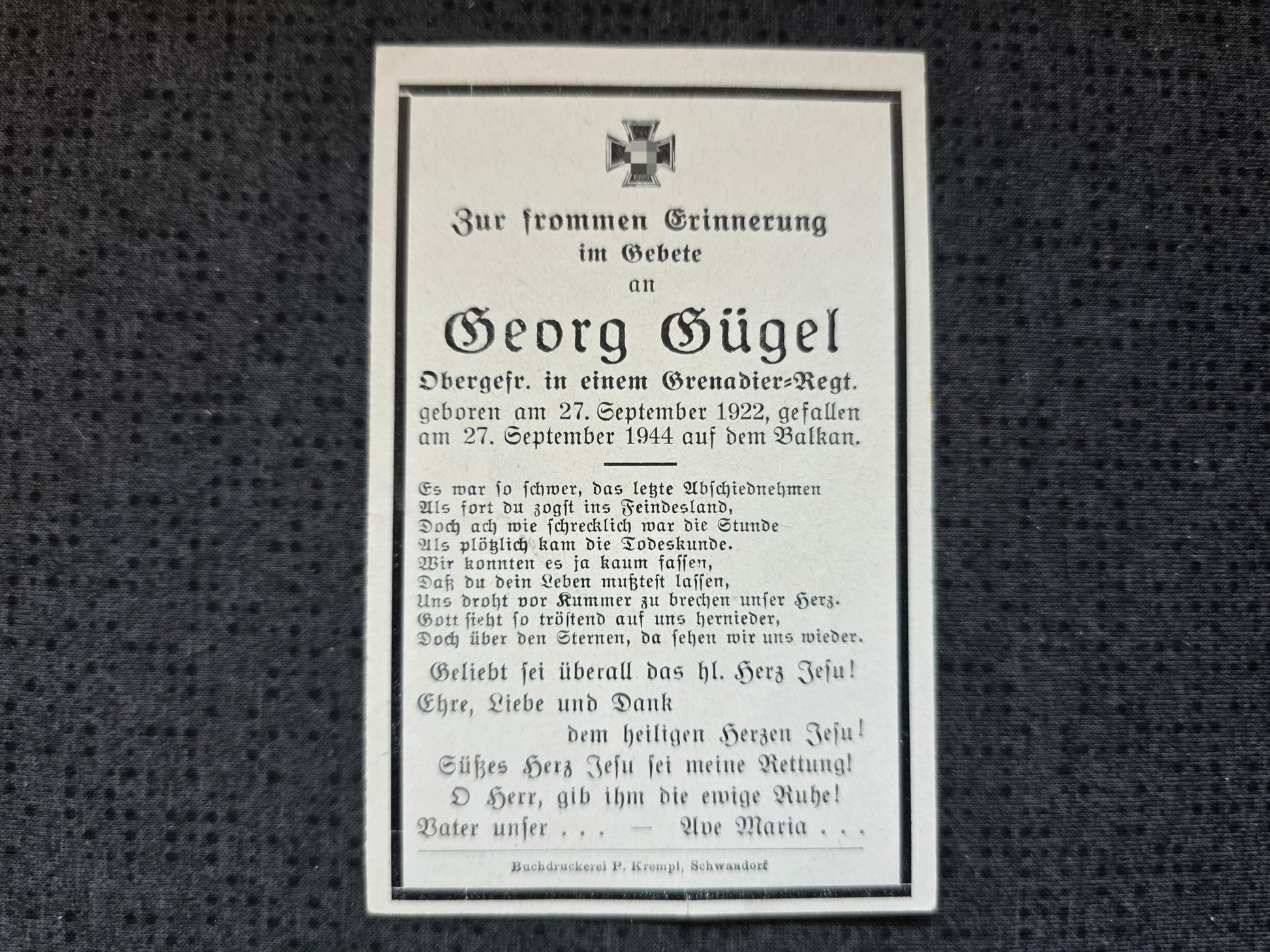 Sterbebild Obergefreiter Schwandorf Grenadier Regt. Strumica Nordmazedonien - www.mmilitaria.com