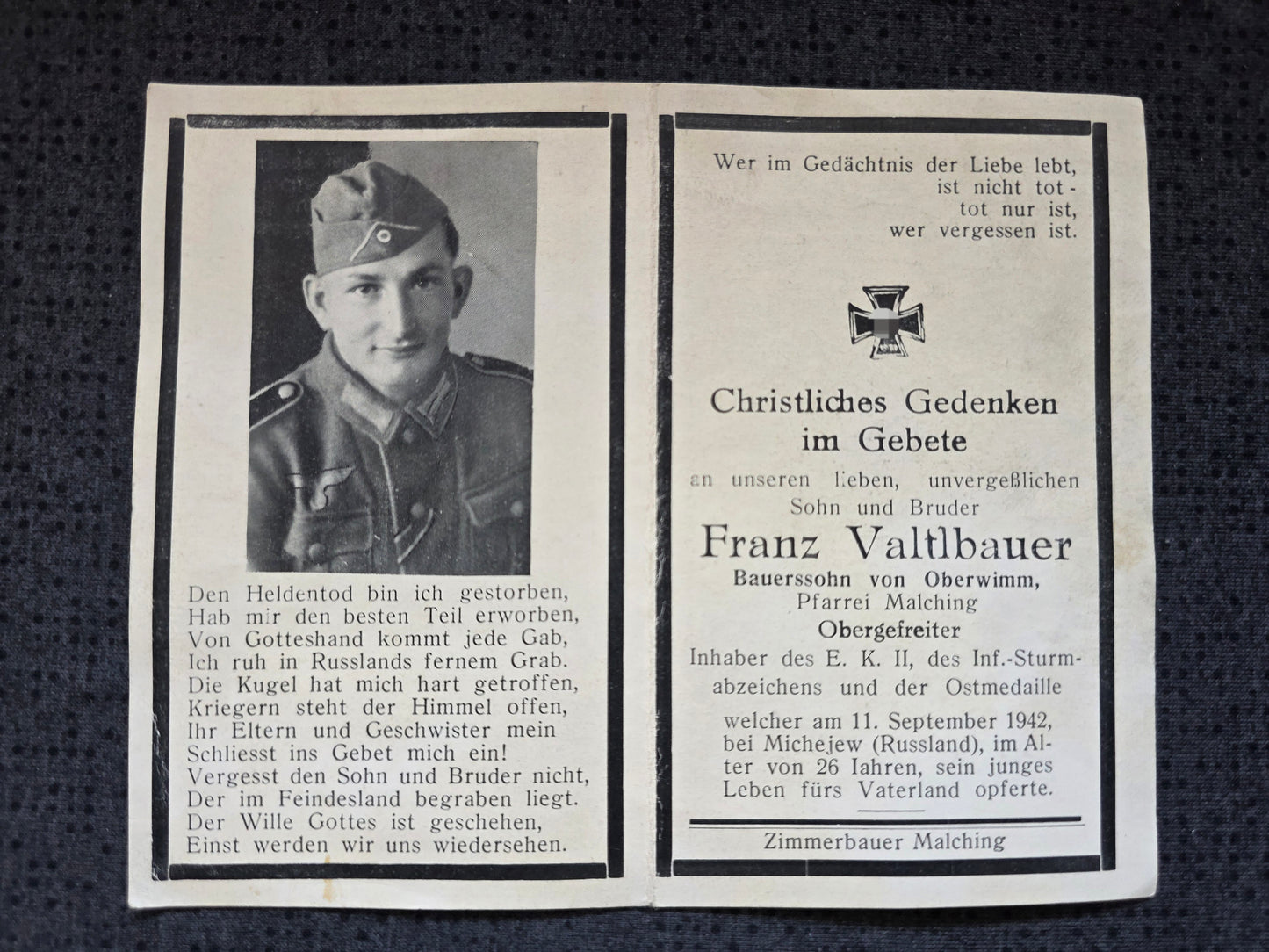 Sterbebild Obergefreiter Oberwimmer 5. Komp. Gren. Regt. "Großdeutschland" GD Michejewo Russland - www.mmilitaria.com