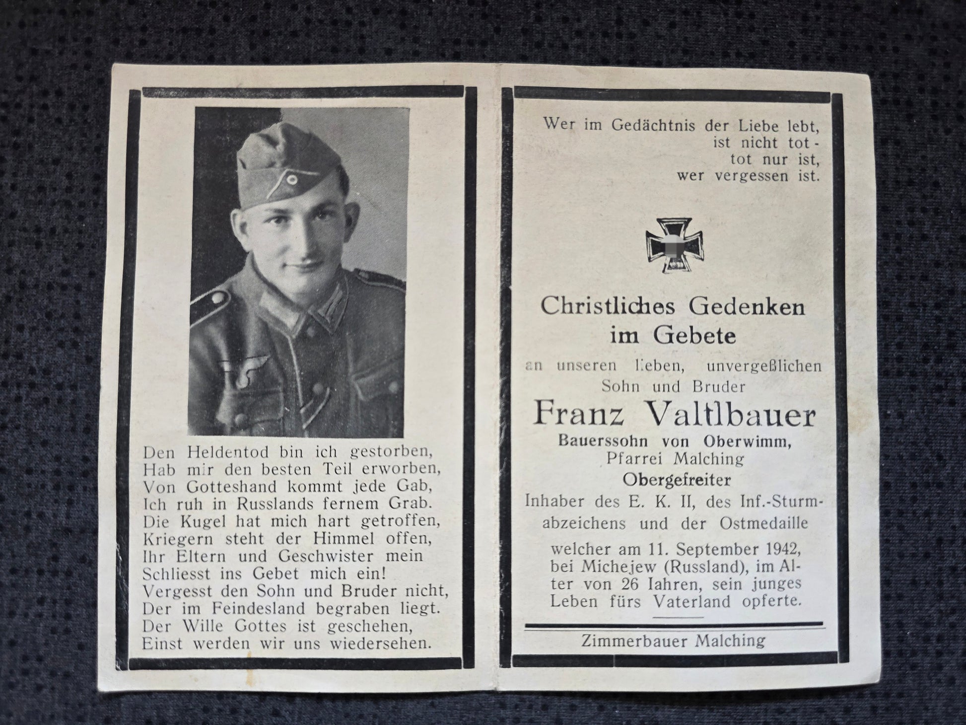 Sterbebild Obergefreiter Oberwimmer 5. Komp. Gren. Regt. "Großdeutschland" GD Michejewo Russland - www.mmilitaria.com