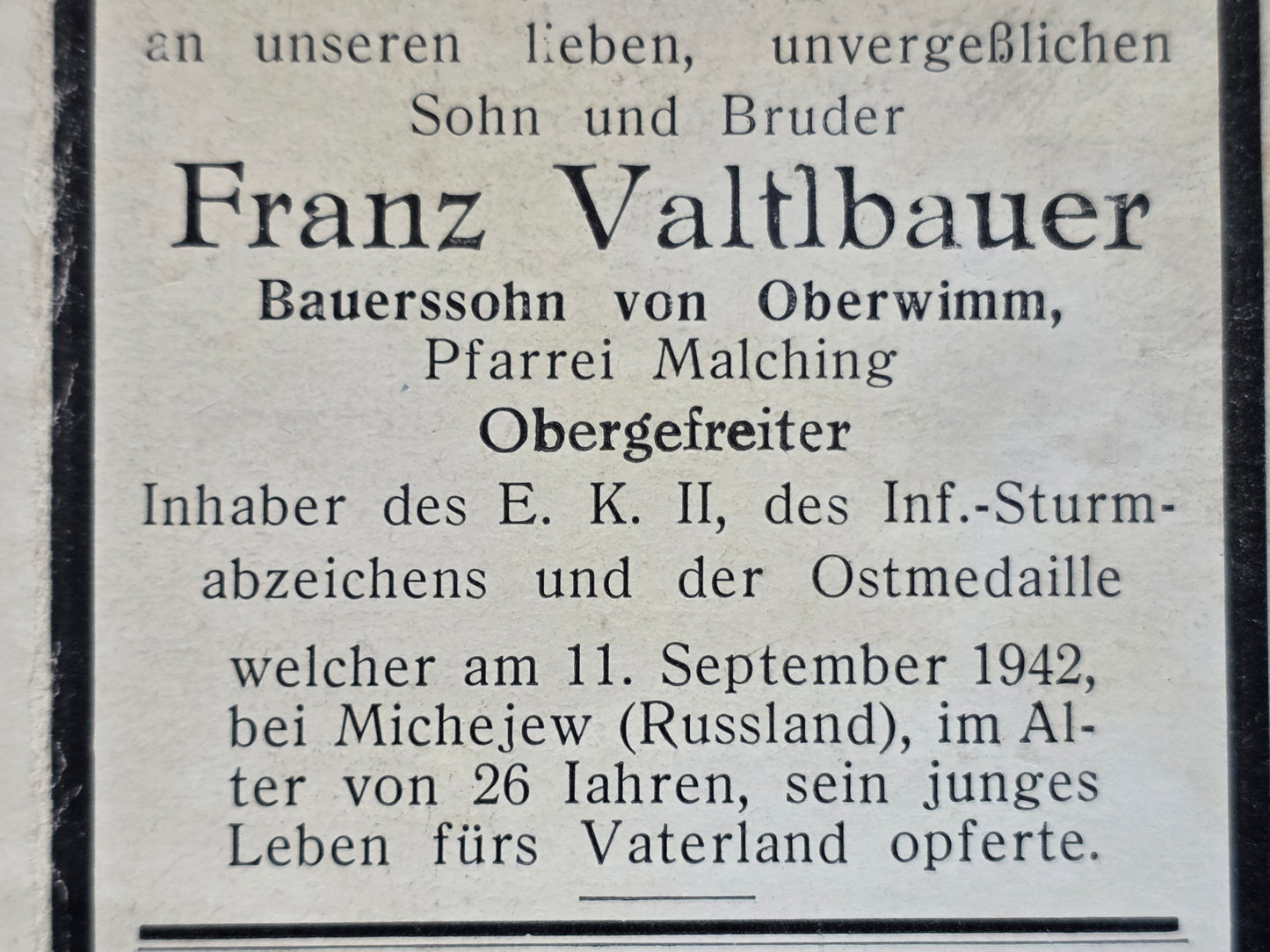 Sterbebild Obergefreiter Oberwimmer 5. Komp. Gren. Regt. "Großdeutschland" GD Michejewo Russland - www.mmilitaria.com