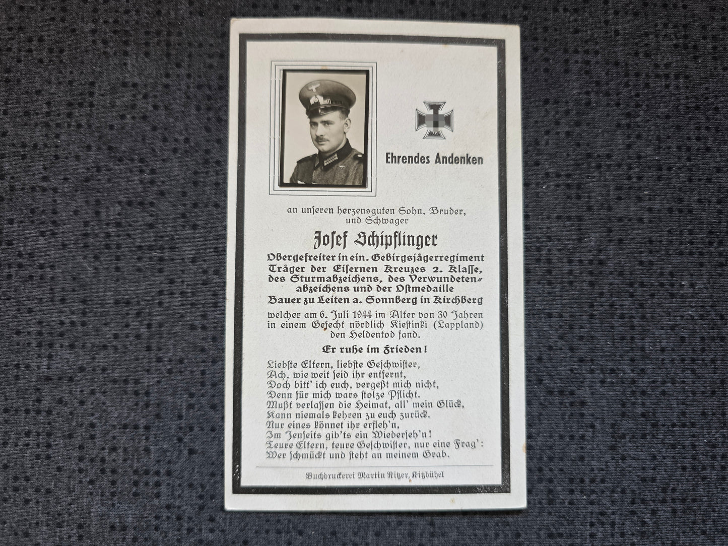 Sterbebild Obergefreiter Kirchberg Gebirgsjäger Regt. Echtfoto Kiestinki Eismeerfront Lappland Finnland - www.mmilitaria.com