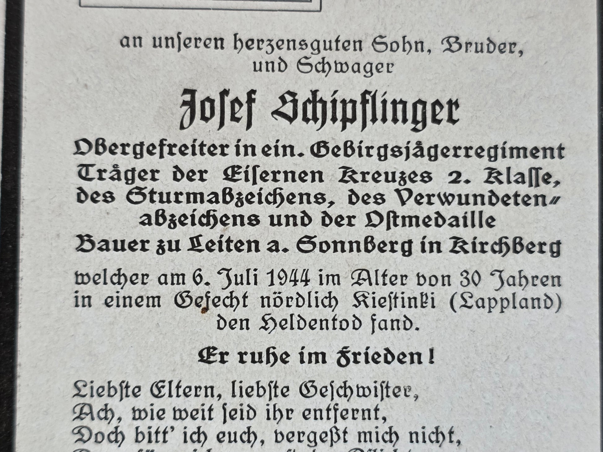 Sterbebild Obergefreiter Kirchberg Gebirgsjäger Regt. Echtfoto Kiestinki Eismeerfront Lappland Finnland - www.mmilitaria.com