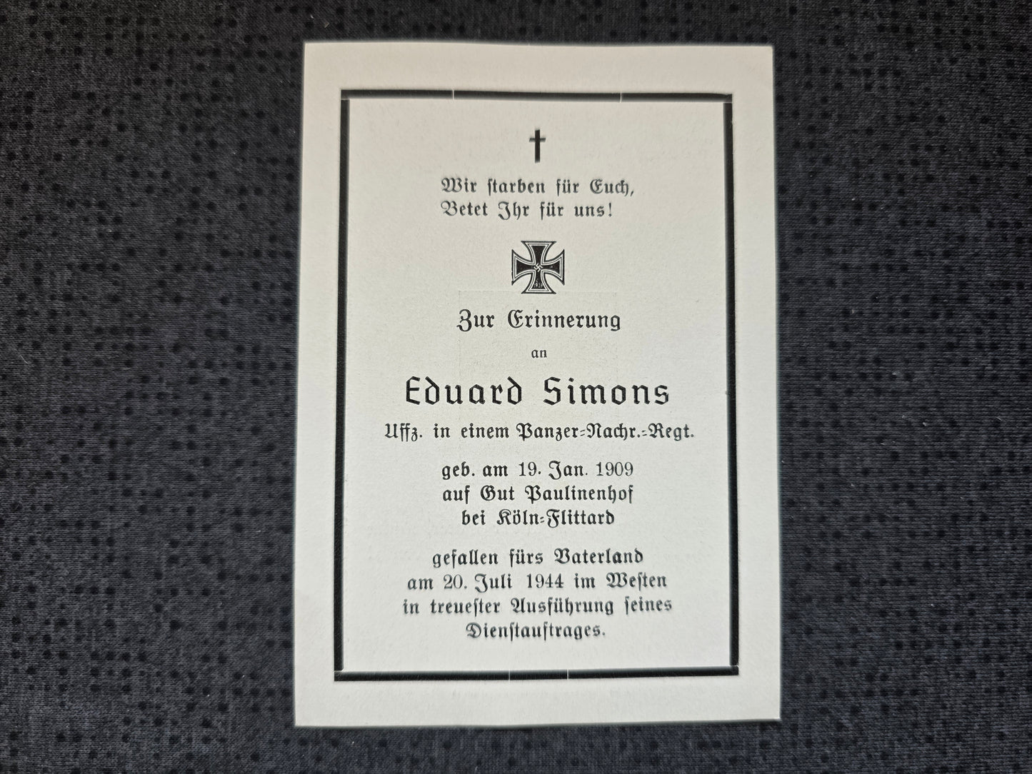 Sterbebild Unteroffizier Köln 1. Pz.-Nachrichten Abt. 265 Vannes Huisnes-sur-Mer Frankreich - www.mmilitaria.com