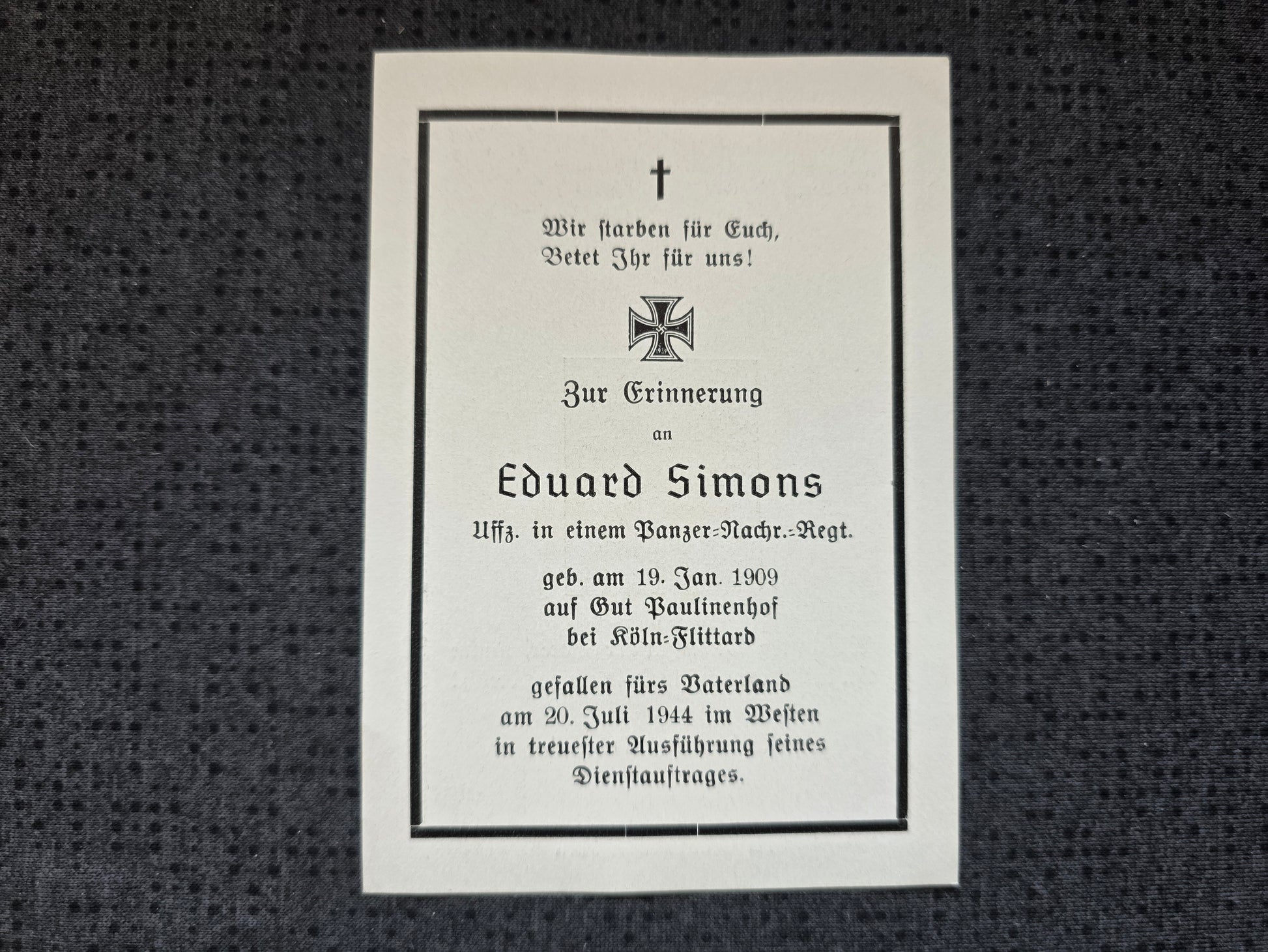 Sterbebild Unteroffizier Köln 1. Pz.-Nachrichten Abt. 265 Vannes Huisnes-sur-Mer Frankreich - www.mmilitaria.com