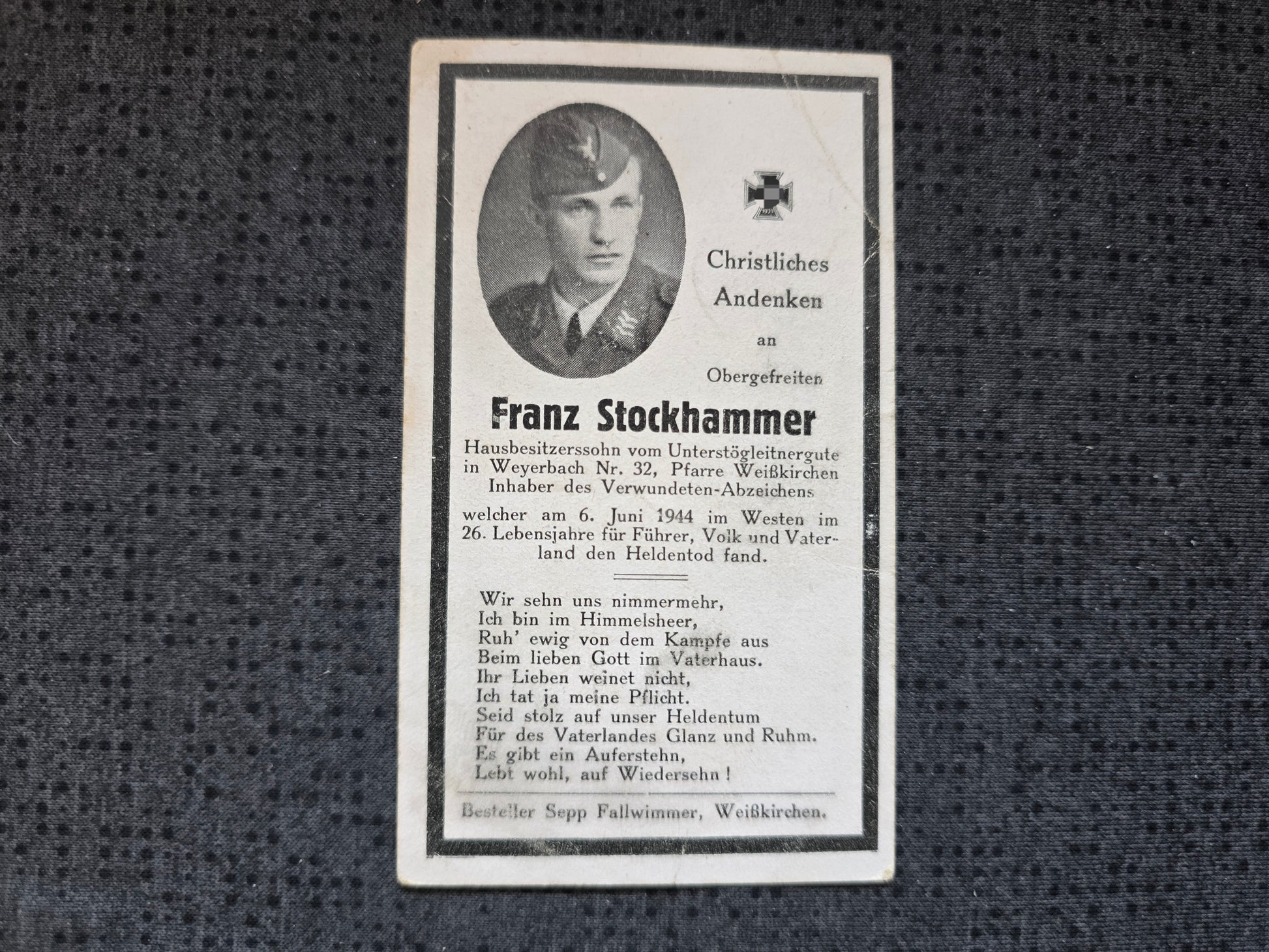 Sterbebild Obergefreiter LW Weyerbach DDay Normandie La Cambe Westen Frankreich - www.mmilitaria.com