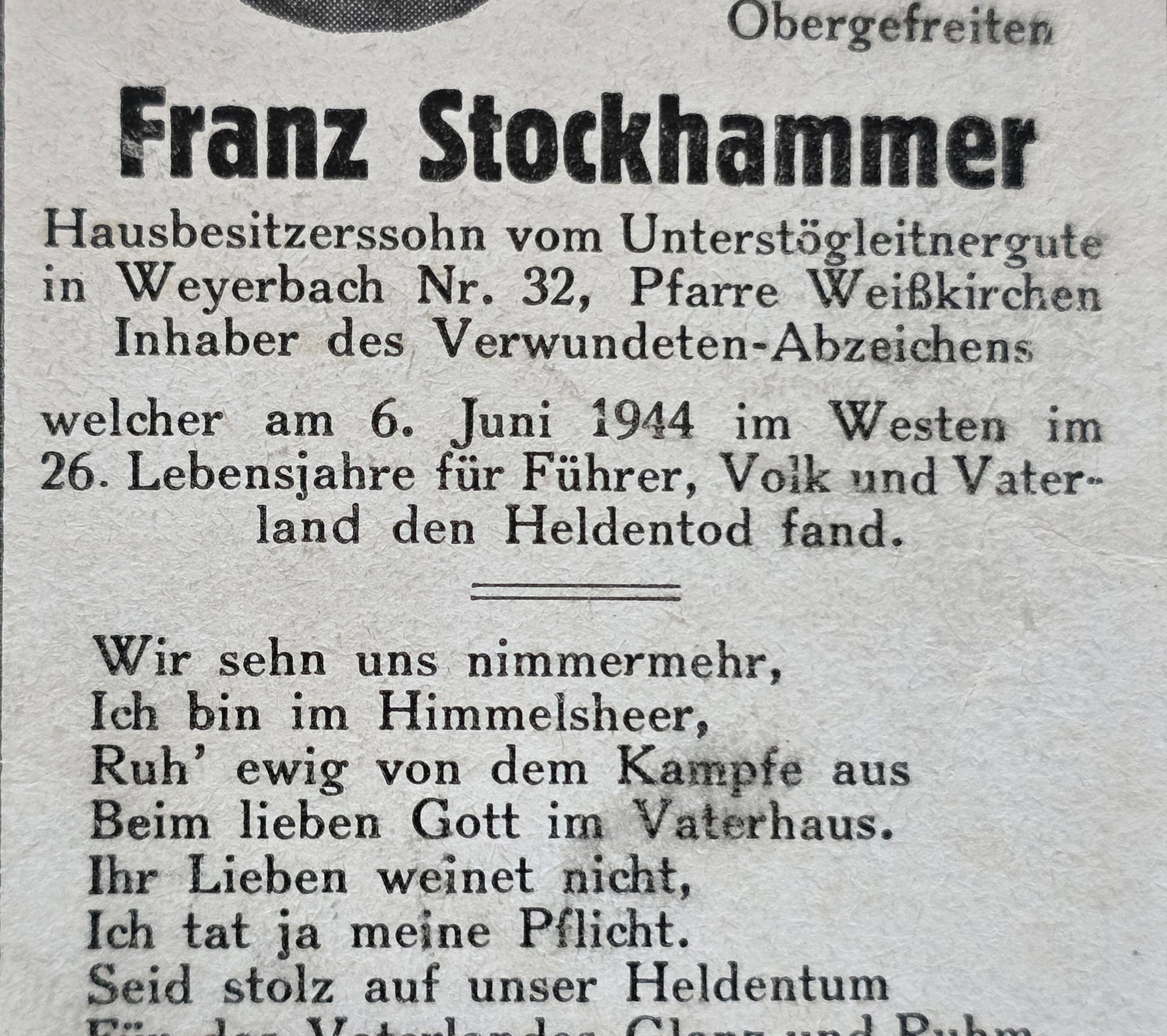 Sterbebild Obergefreiter LW Weyerbach DDay Normandie La Cambe Westen Frankreich - www.mmilitaria.com