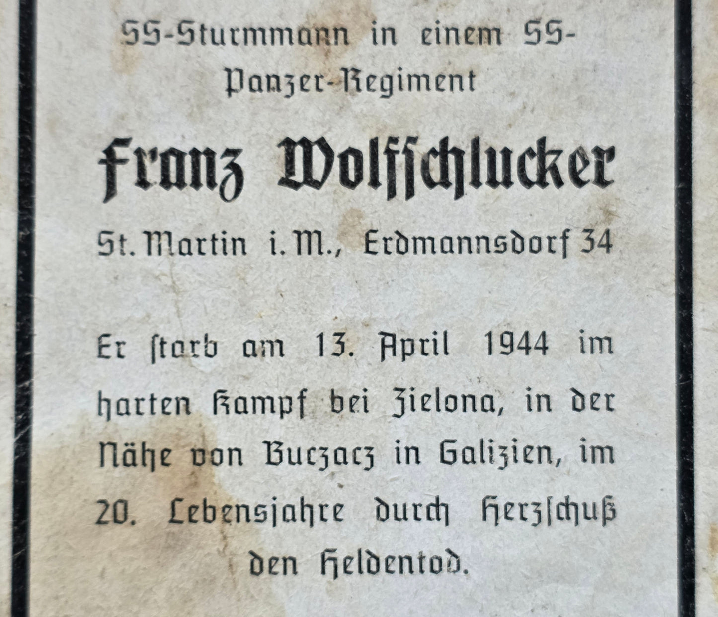 Sterbebild SS-Sturmmann Neuhaus SS-Panzer Regt. Zielona Galizien Ukraine - www.mmilitaria.com