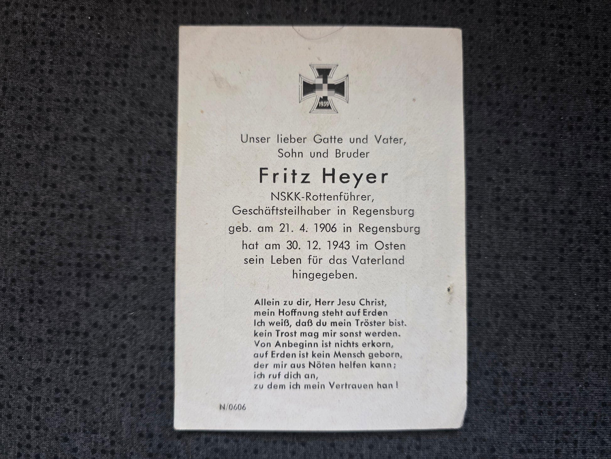 Sterbebild NSKK-Rottenführer Regensburg Machnowka Ukraine - www.mmilitaria.com