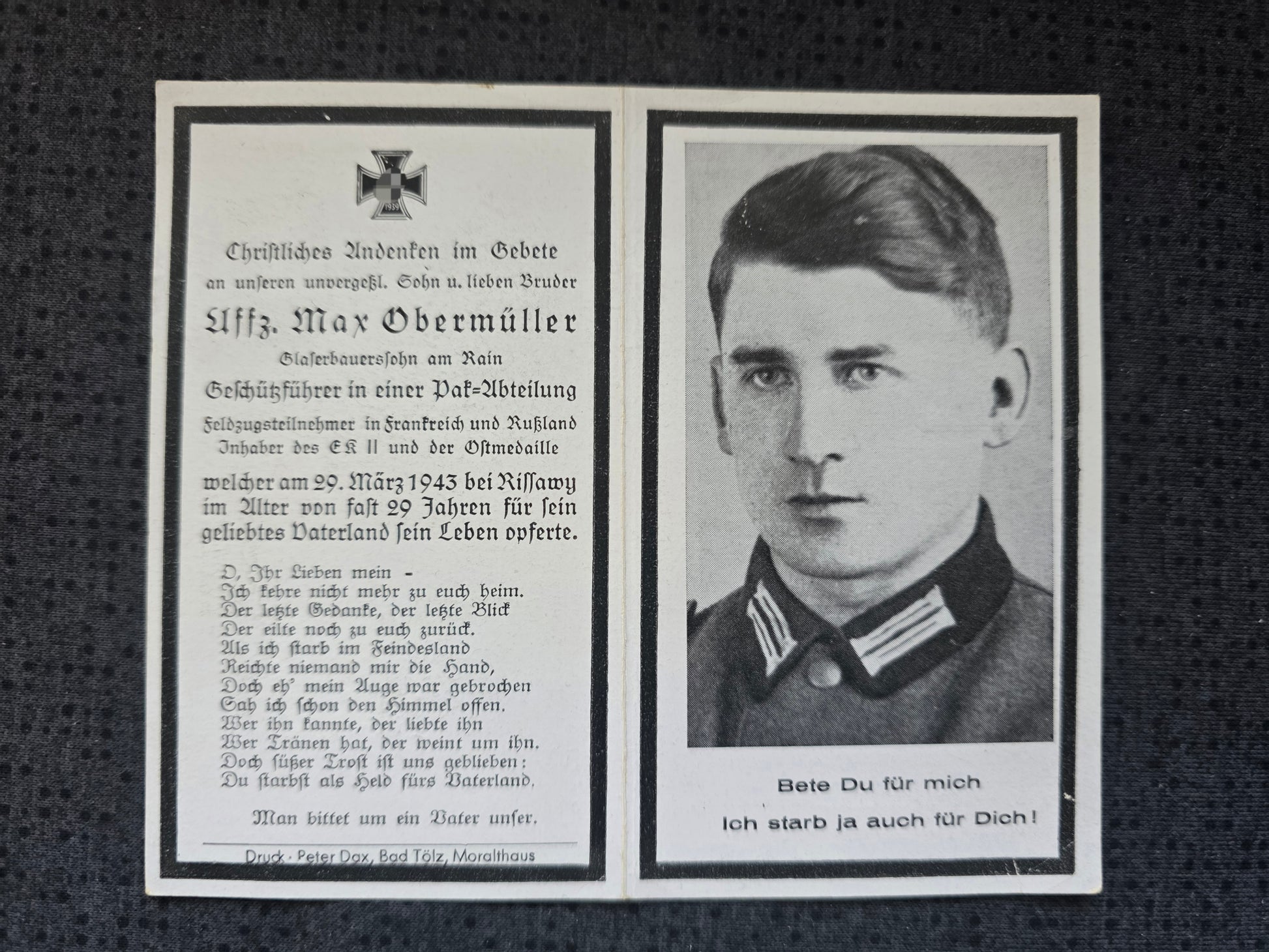 Sterbebild Unteroffizier Einhaus PAK Abt. 14. Komp. Gren. Regt. 499 Rissawy Russland - www.mmilitaria.com