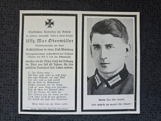 Sterbebild Unteroffizier Einhaus PAK Abt. 14. Komp. Gren. Regt. 499 Rissawy Russland - www.mmilitaria.com