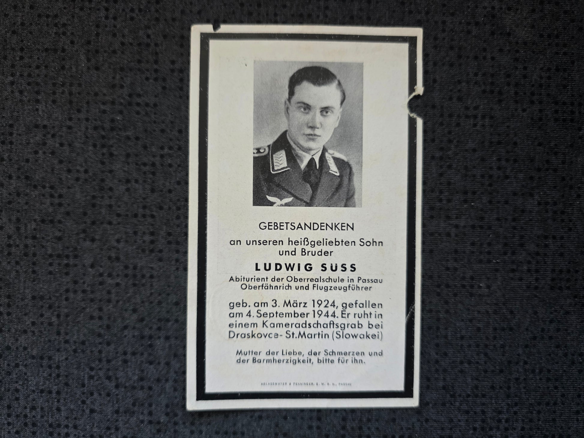 Sterbebild Oberfähnrich Passau Pilot LW Sajang Draskovce-St. Martin Slowakei - www.mmilitaria.com