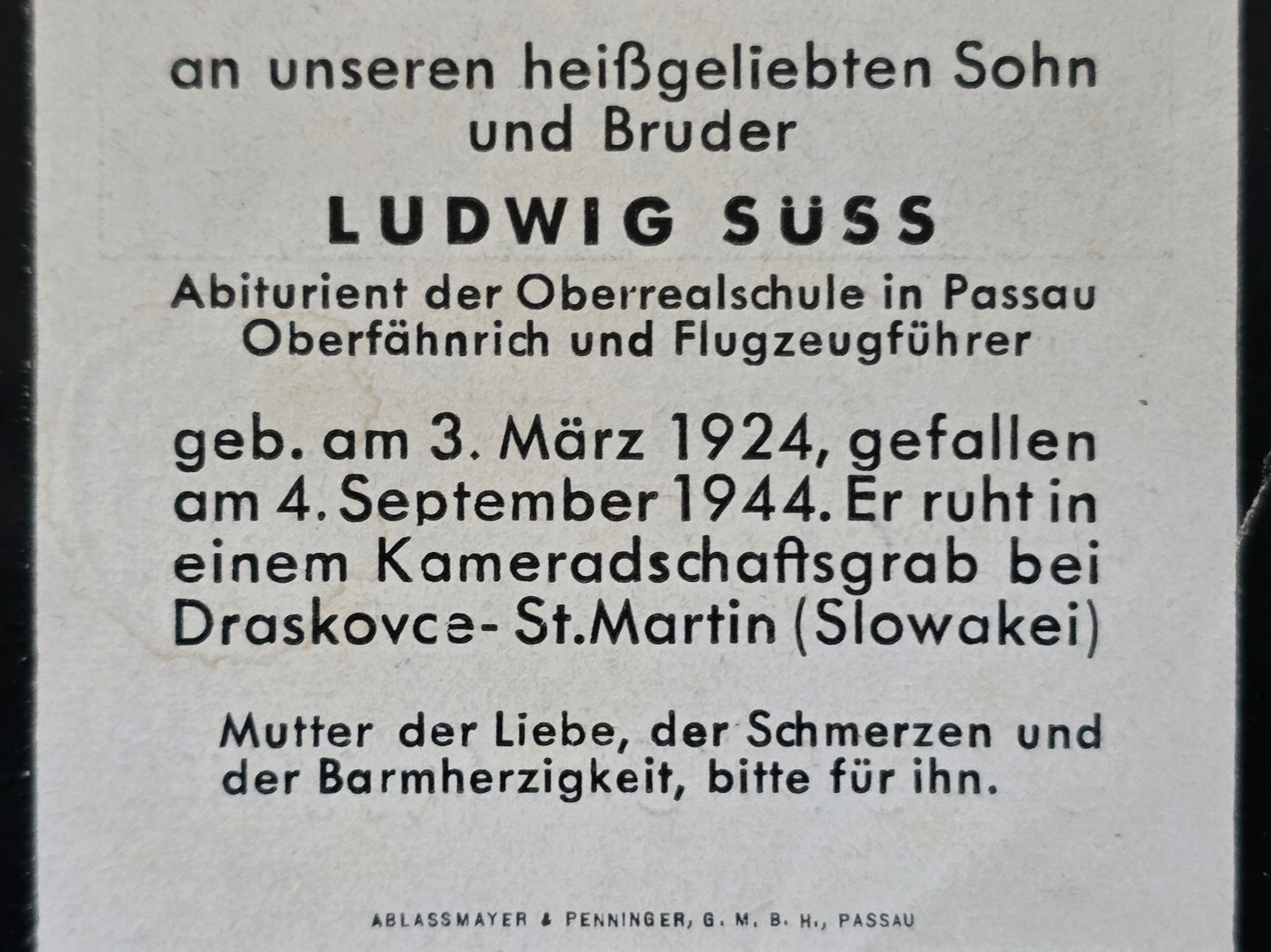 Sterbebild Oberfähnrich Passau Pilot LW Sajang Draskovce-St. Martin Slowakei - www.mmilitaria.com