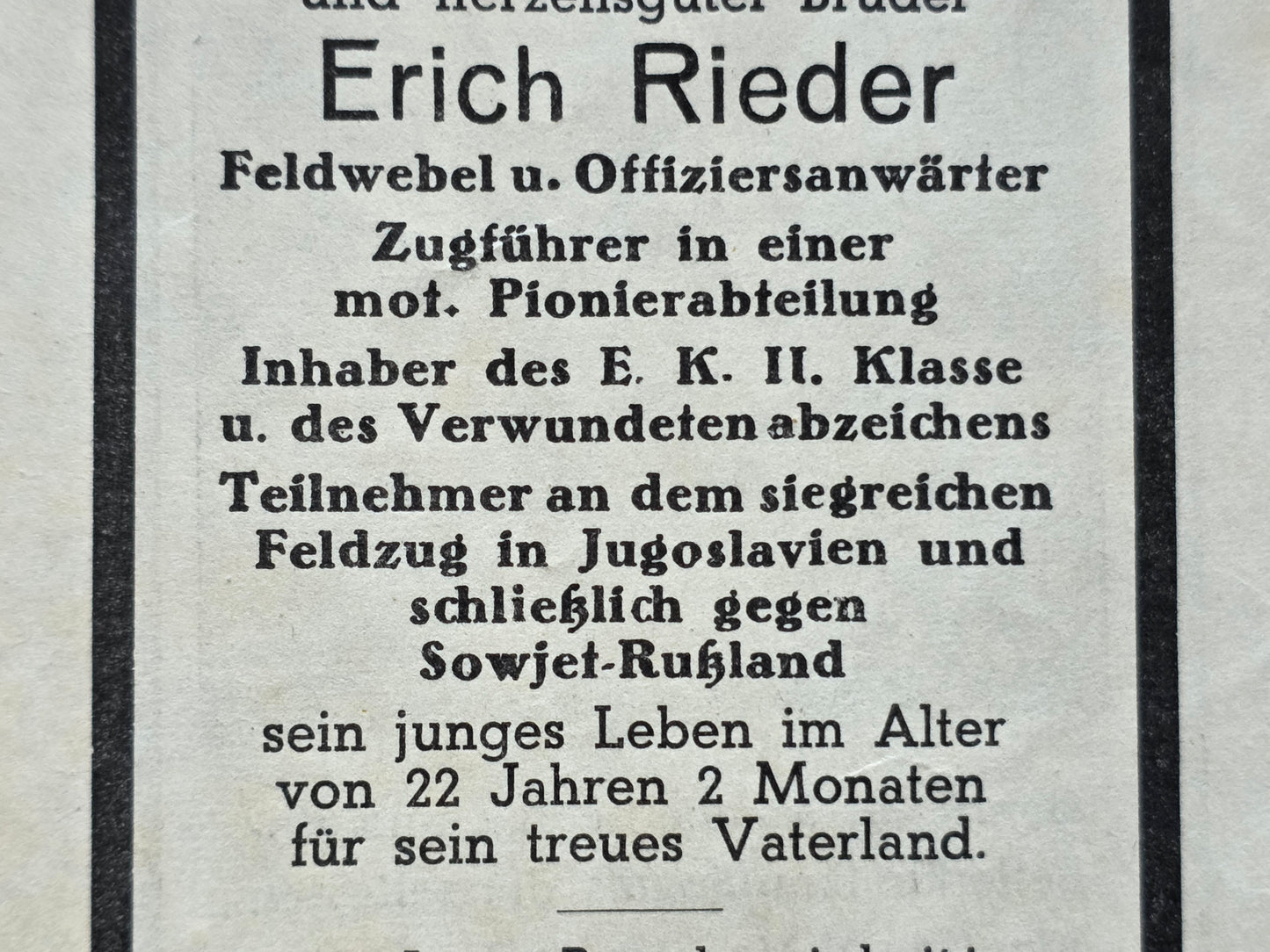 Sterbebild Feldwebel Schwarzenfeld 3. Komp. Pionier Btl. 88 Ossowiny Ukraine - www.mmilitaria.com