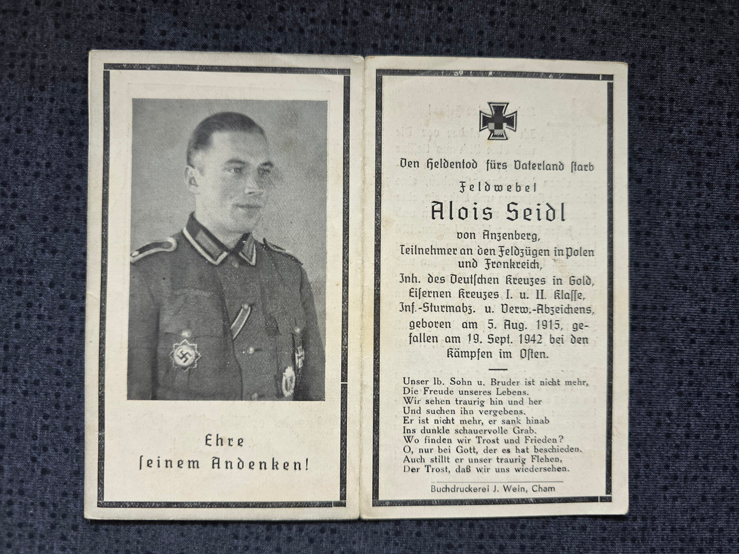 Sterbebild Oberfeldwebel Zellwies 6. Komp. Inf. Regt. 378 DKiG Am Werman (vor Höhe 5) Finnland Russland - www.mmilitaria.com