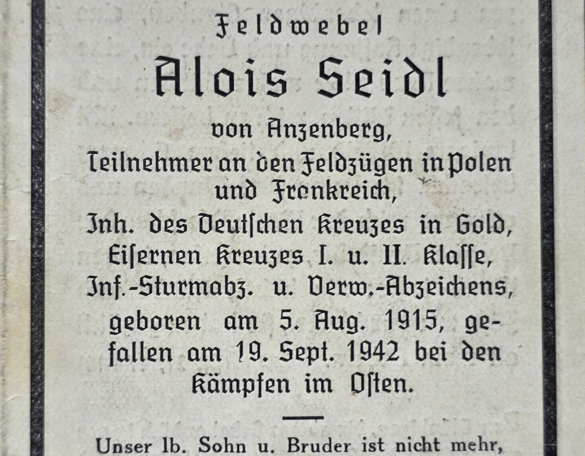 Sterbebild Oberfeldwebel Zellwies 6. Komp. Inf. Regt. 378 DKiG Am Werman (vor Höhe 5) Finnland Russland - www.mmilitaria.com