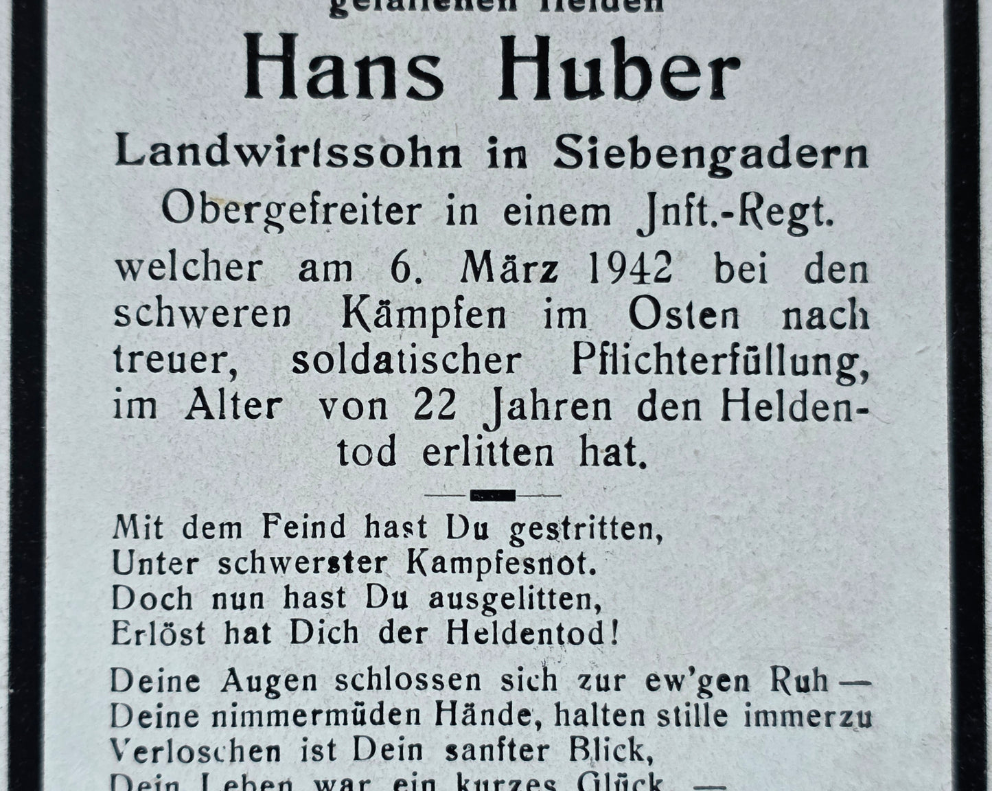 Sterbebild Obergefreiter Siebengadern 2. Komp. Inf. Regt. 316 Sennaja-ker Russland - www.mmilitaria.com