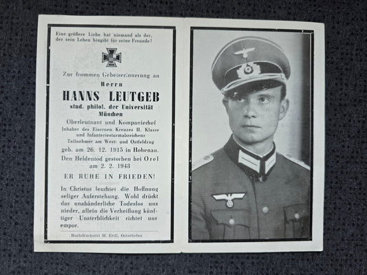 Sterbebild Leutnant Hohenau KP-Chef 8. Komp. Gren. Regt. 519 Desewnja Orel Russland - www.mmilitaria.com