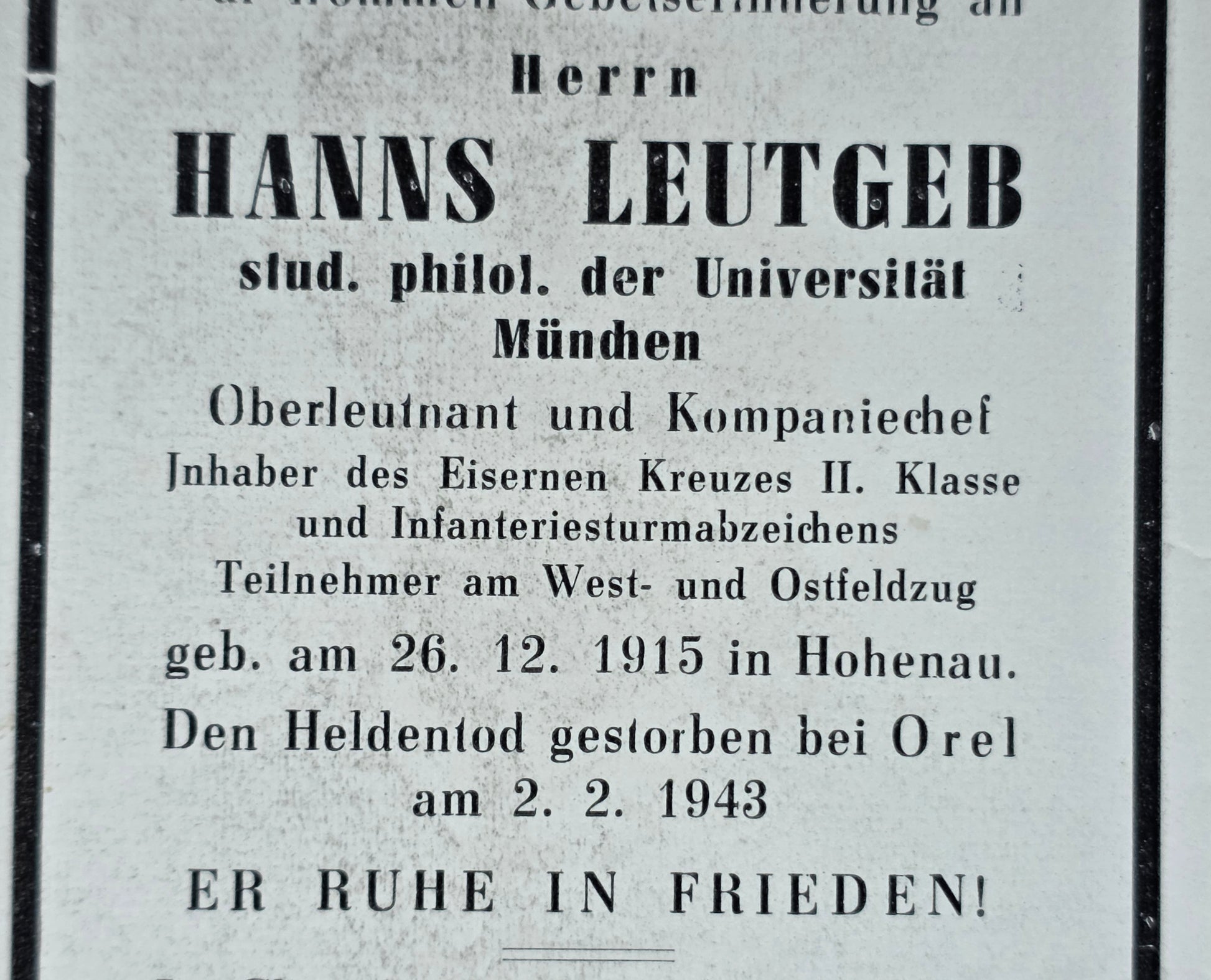 Sterbebild Leutnant Hohenau KP-Chef 8. Komp. Gren. Regt. 519 Desewnja Orel Russland - www.mmilitaria.com
