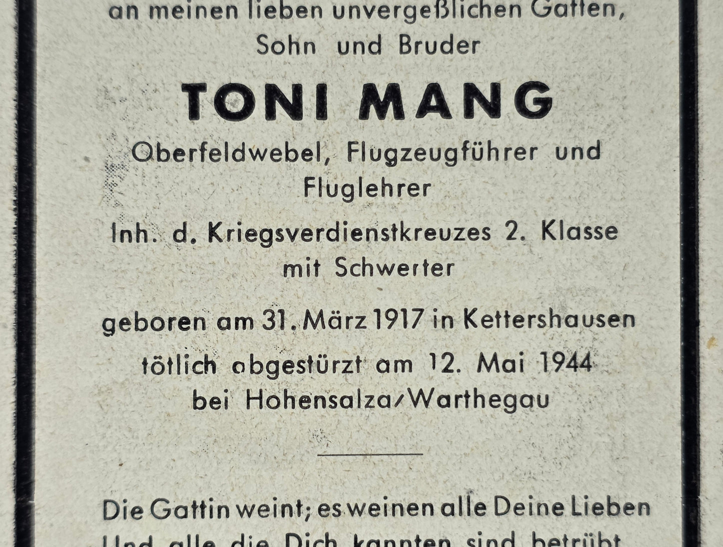 Sterbebild Oberfeldwebel Kettershausen Pilot & Fluglehrer FFS B21 Hohensalza Warthegau - www.mmilitaria.com